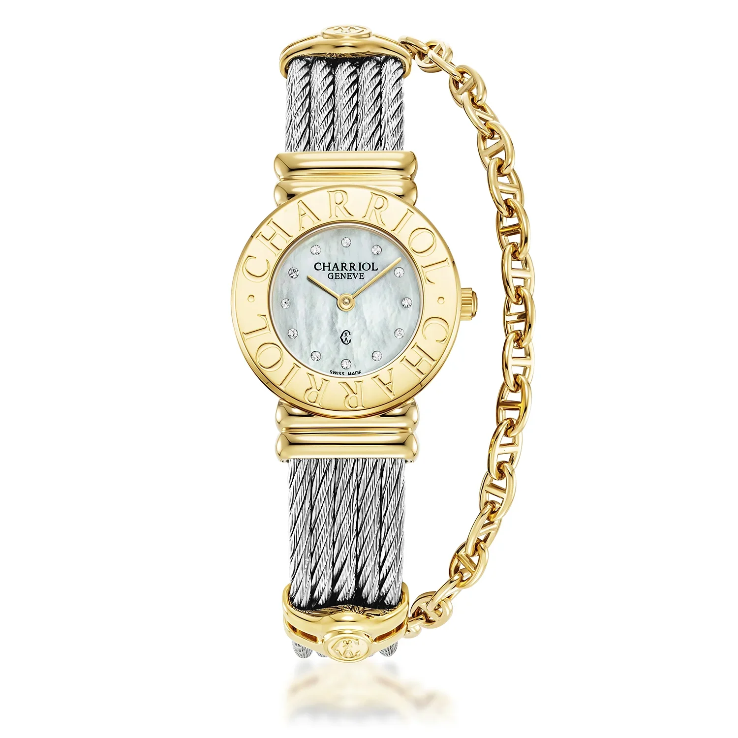 ST TROPEZ® ICON, 24.5MM, QUARTZ CALIBRE, WHITE MOTHER-OF-PEARL WITH 12 CZ STONES DIAL, STEEL YELLOW GOLD PVD "CHARRIOL CHARRIOL" BEZEL, STEEL CABLE BRACELET & YELLOW GOLD PVD DECORS