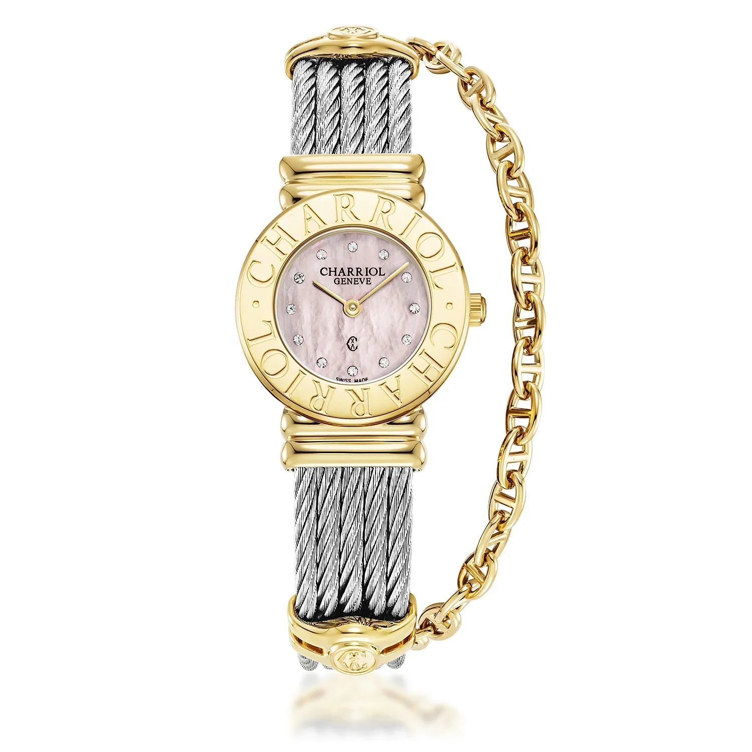 ST TROPEZ® ICON, 24.5MM, QUARTZ CALIBRE, ROSE MOTHER-OF-PEARL WITH 12 CZ STONES DIAL, STEEL YELLOW GOLD PVD "CHARRIOL CHARRIOL" BEZEL, STEEL CABLE BRACELET & YELLOW GOLD PVD DECORS