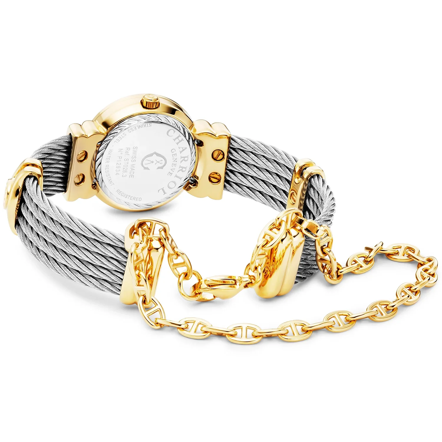 ST TROPEZ® ICON, 24.5MM, QUARTZ CALIBRE, ROSE MOTHER-OF-PEARL WITH 12 CZ STONES DIAL, STEEL YELLOW GOLD PVD "CHARRIOL CHARRIOL" BEZEL, STEEL CABLE BRACELET & YELLOW GOLD PVD DECORS - Image 2