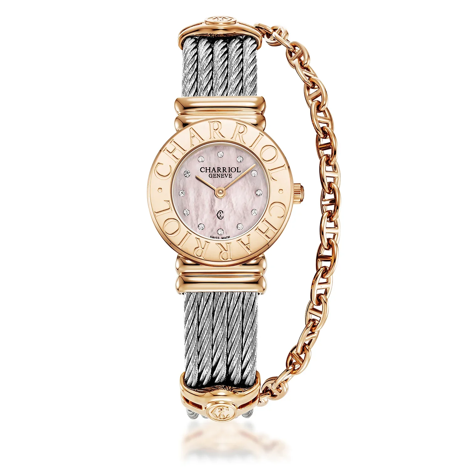 ST TROPEZ® ICON, 24.5MM, QUARTZ CALIBRE, ROSE MOTHER-OF-PEARL WITH 12 CZ STONES DIAL, STEEL ROSE GOLD PVD "CHARRIOL CHARRIOL" BEZEL, STEEL CABLE BRACELET & ROSE GOLD PVD DECORS
