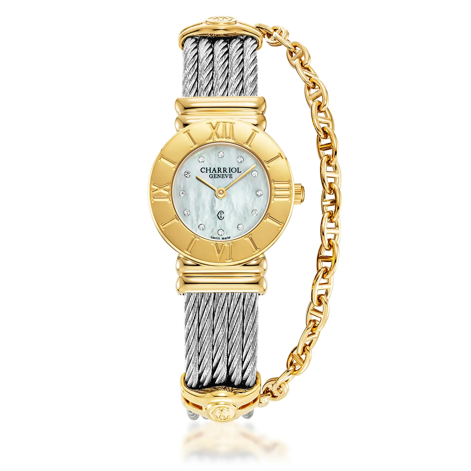 ST TROPEZ® ICON, 24.5MM, QUARTZ CALIBRE, WHITE MOTHER-OF-PEARL WITH 12 CZ STONES DIAL, STEEL YELLOW GOLD PVD ROMAN BEZEL, STEEL CABLE BRACELET & YELLOW GOLD PVD DECORS