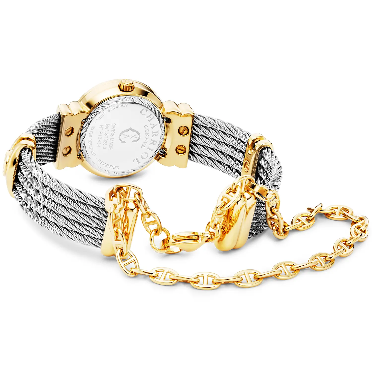 ST TROPEZ® ICON, 24.5MM, QUARTZ CALIBRE, WHITE MOTHER-OF-PEARL WITH 12 CZ STONES DIAL, STEEL YELLOW GOLD PVD ROMAN BEZEL, STEEL CABLE BRACELET & YELLOW GOLD PVD DECORS - Image 2