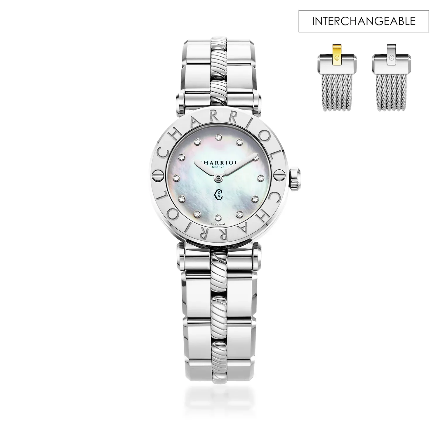 NAVIGATOR CRUISE, 28MM, QUARTZ CALIBRE, MOTHER-OF-PEARL WITH 12 DIAMONDS DIAL, STEEL "CHARRIOL CHARRIOL" BEZEL, METAL INTERCHANGEABLE BRACELET