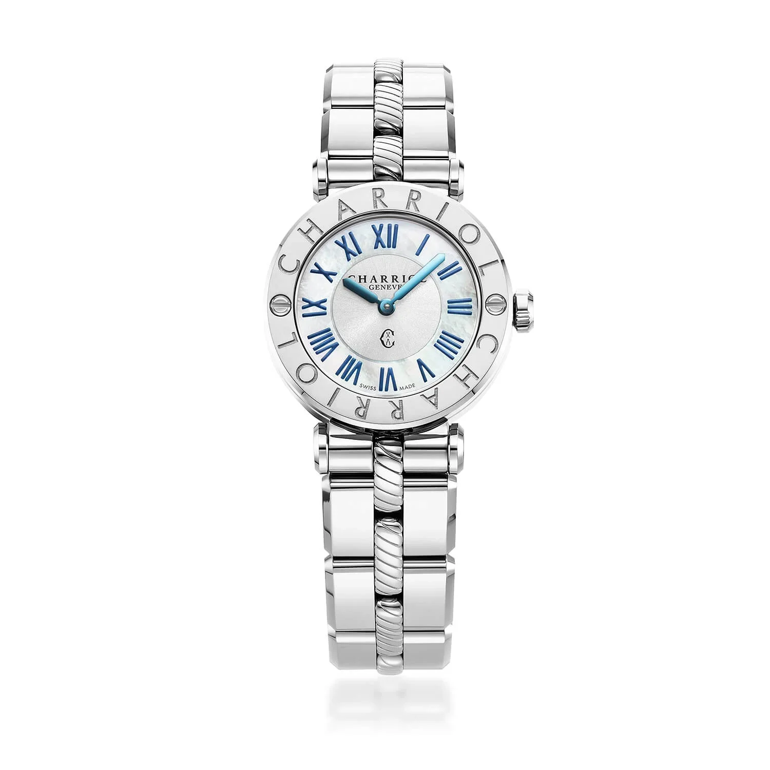 NAVIGATOR CRUISE, 28MM, QUARTZ CALIBRE, WHITE MOTHER-OF-PEARL WITH 12 ROMAN FIGURES DIAL, STEEL "CHARRIOL CHARRIOL" WITH 2 SCREWS BEZEL, METAL INTERCHANGEABLE BRACELET