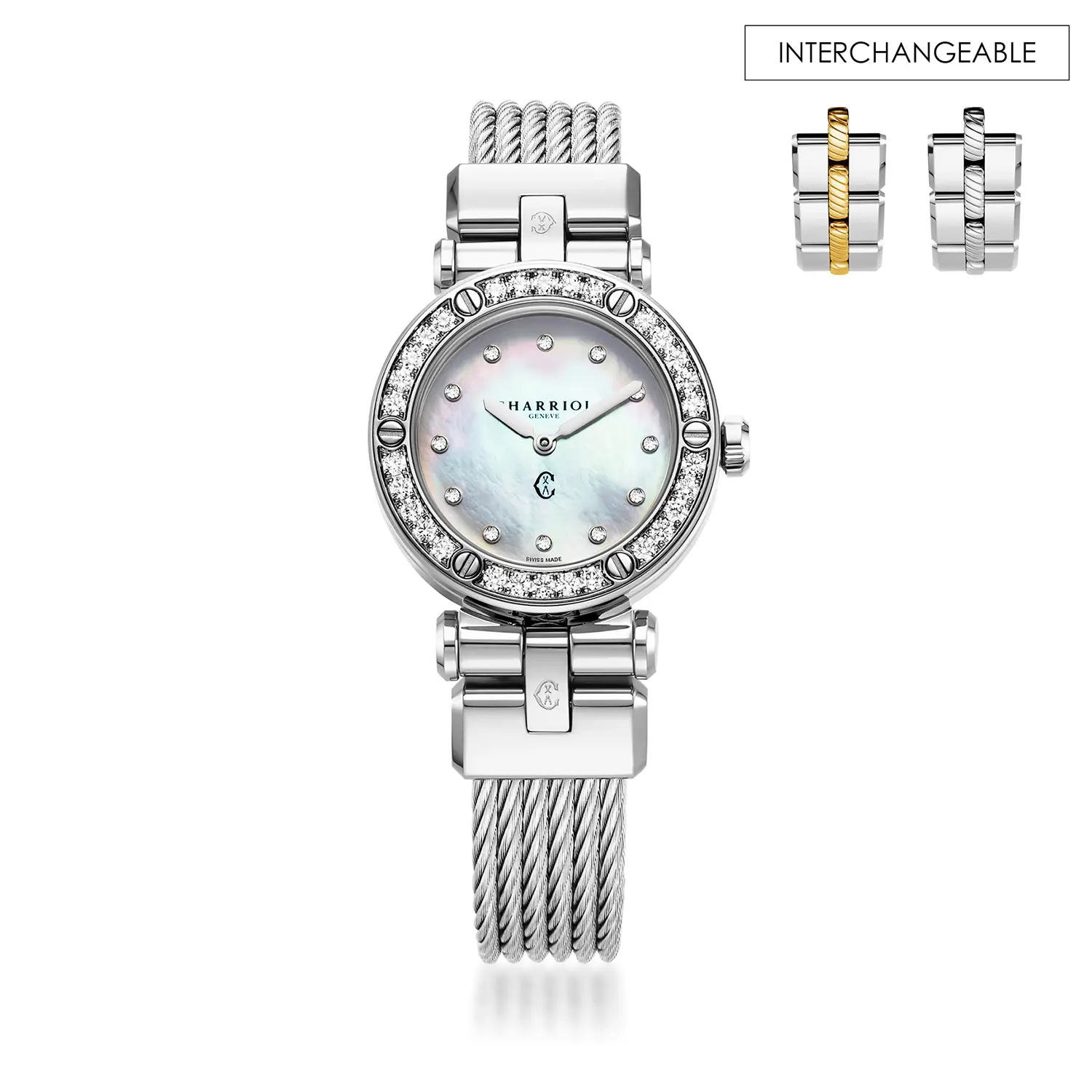 NAVIGATOR CRUISE, 28MM, QUARTZ CALIBRE, MOTHER-OF-PEARL WITH 12 DIAMONDS DIAL, 30 FULL CUT DIAMONDS WITH 6 SCREWS BEZEL, STEEL CABLE INTERCHANGEABLE BRACELET