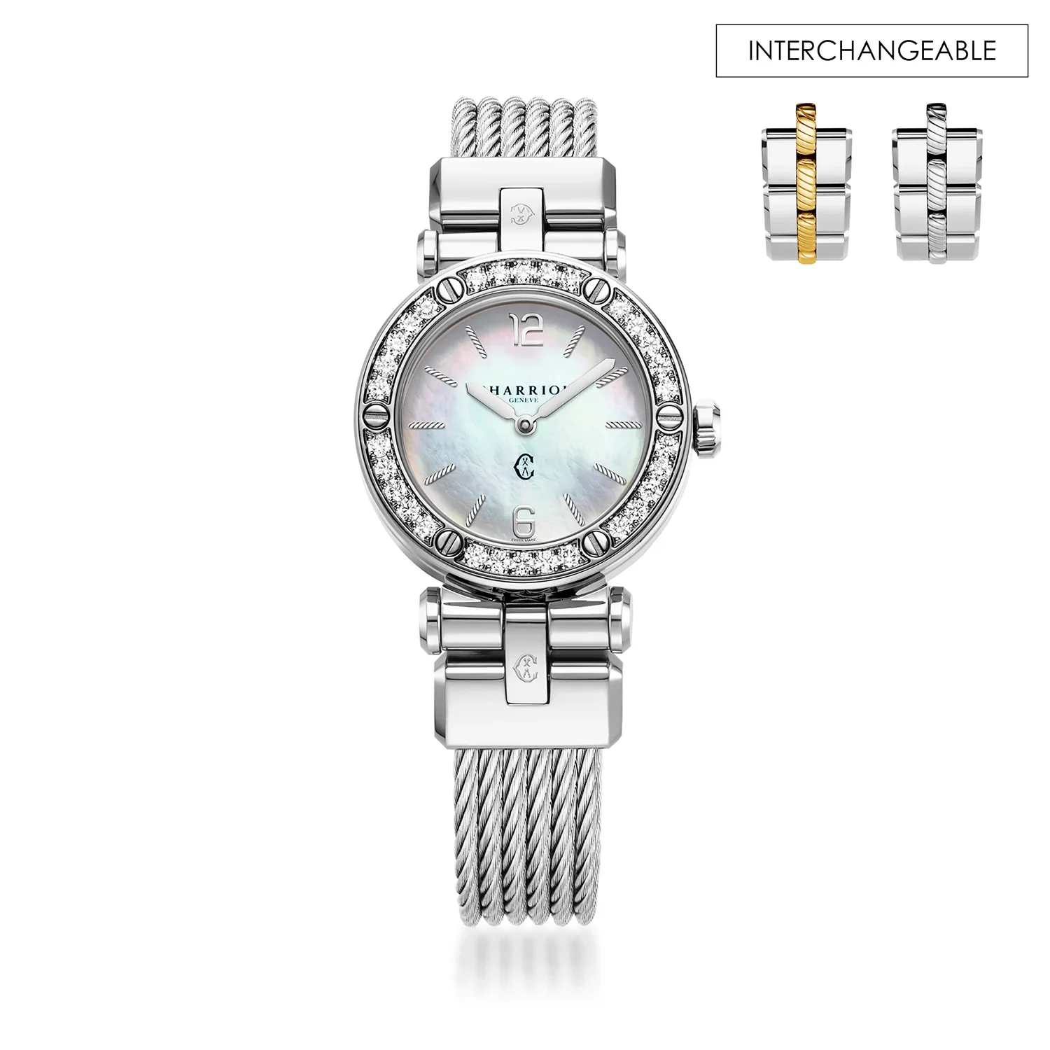 NAVIGATOR CRUISE, 28MM, QUARTZ CALIBRE, MOTHER-OF-PEARL DIAL, 30 DIAMONDS BEZEL, STEEL CABLE INTERCHANGEABLE BRACELET