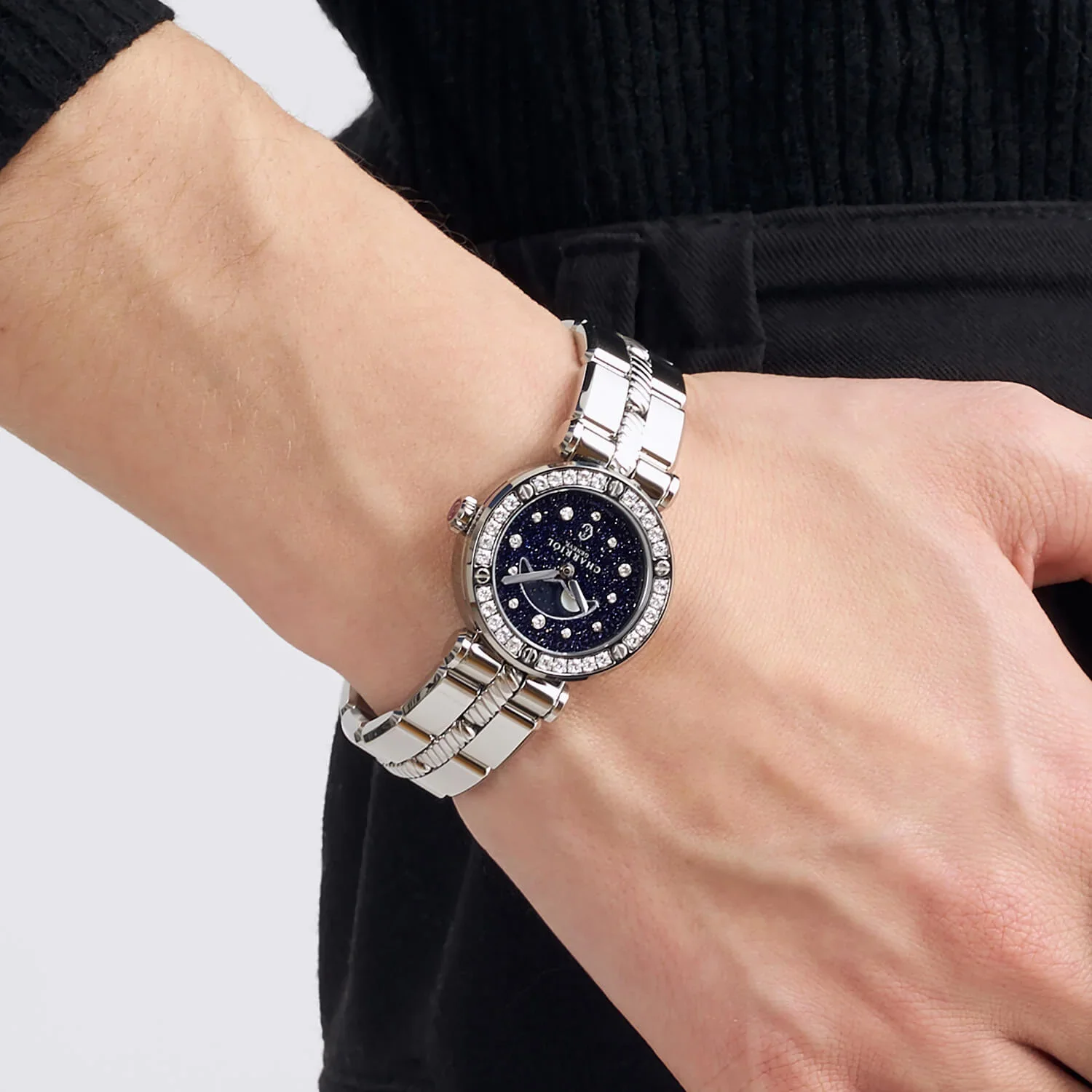 NAVIGATOR CRUISE, 28MM, MOONPHASE QUARTZ CALIBRE, AVENTURINE PRINTED WITH 12 DIAMONDS DIAL, STEEL WITH 30 DIAMONDS WITH 6 SCREWS BEZEL, METAL INTERCHANGEABLE BRACELET - Image 4