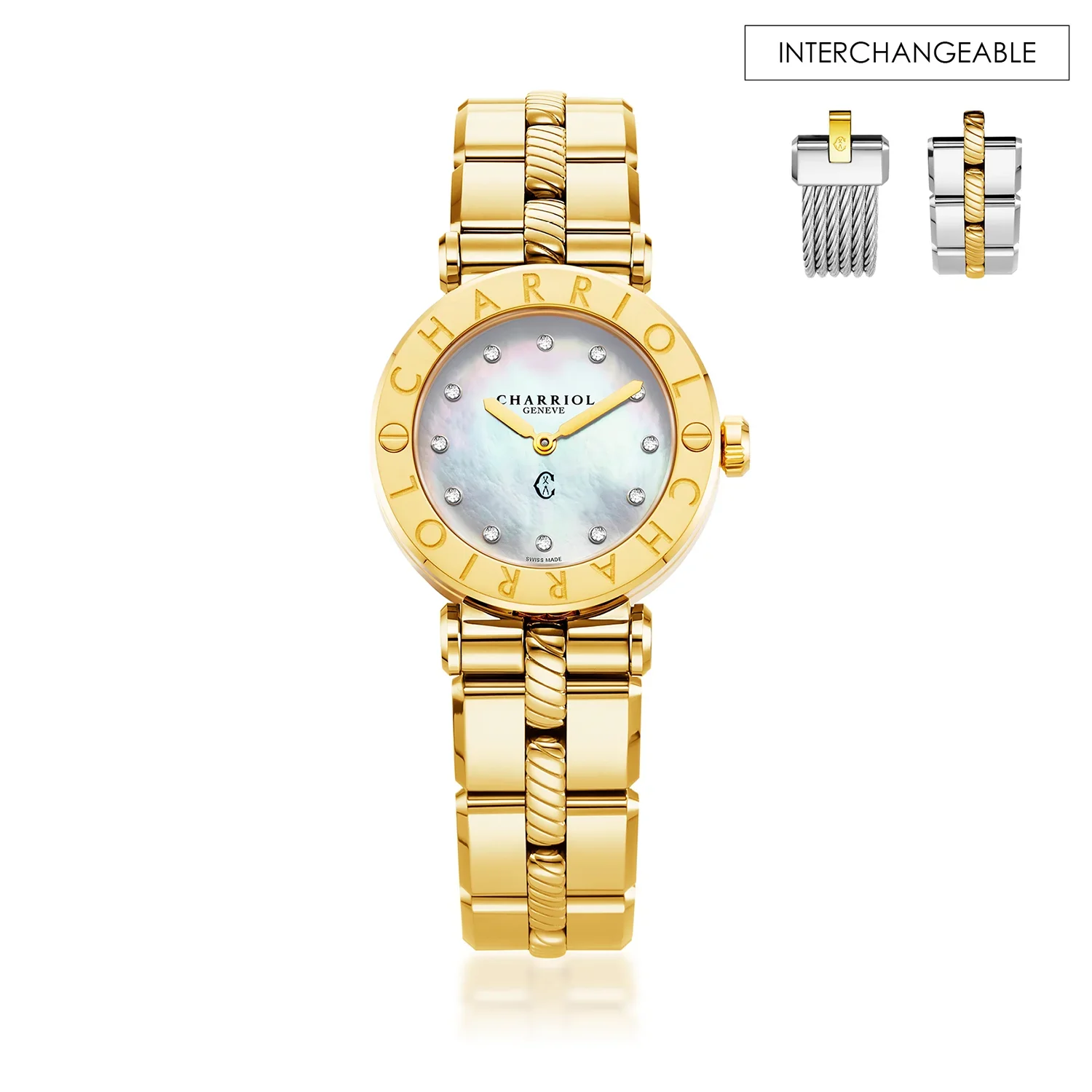 NAVIGATOR CRUISE, 28MM, QUARTZ CALIBRE, MOTHER-OF-PEARL WITH 12 DIAMONDS DIAL, "CHARRIOL CHARRIOL" BEZEL, STEEL YELLOW GOLD PVD INTERCHANGEABLE BRACELET