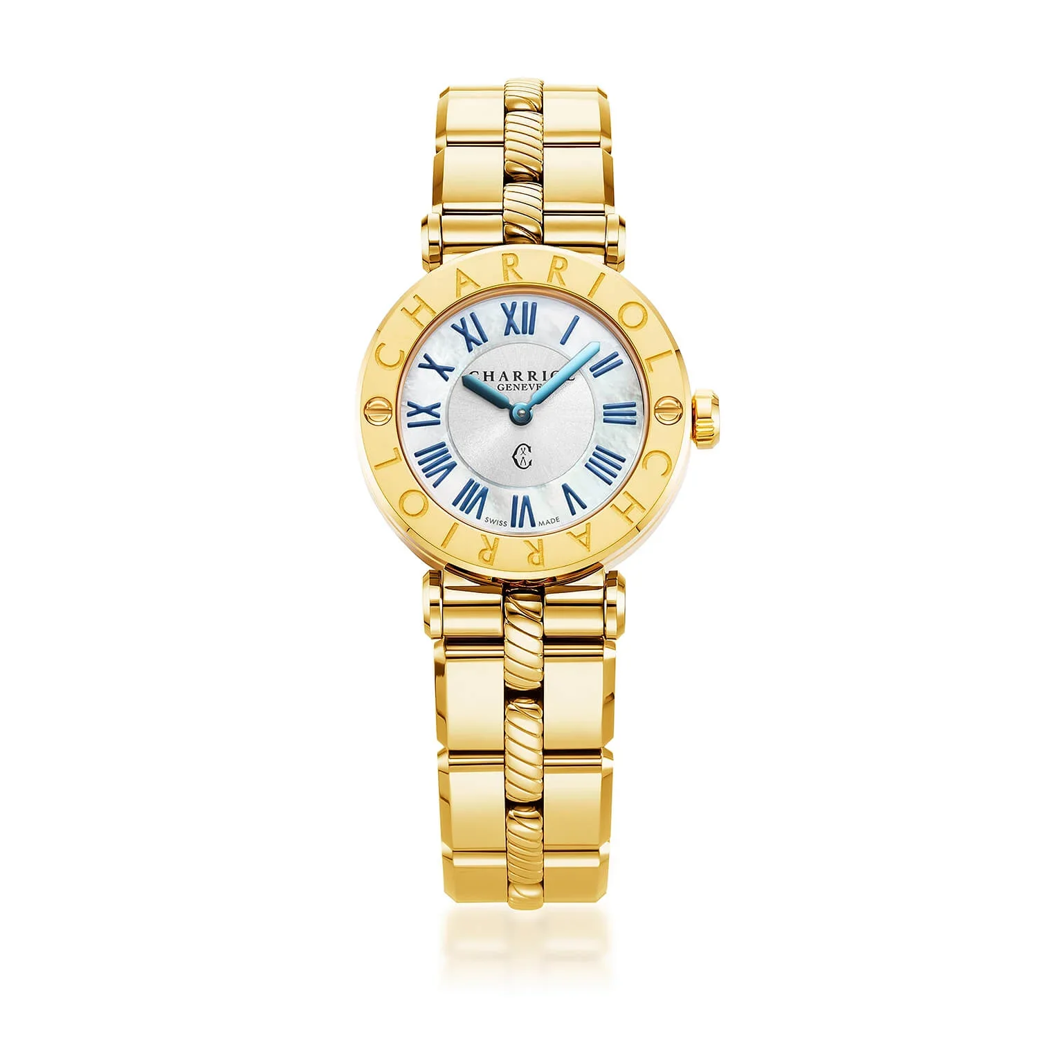 NAVIGATOR CRUISE, 28MM, QUARTZ CALIBRE, WHITE MOTHER-OF-PEARL WITH 12 ROMAN FIGURES DIAL, STEEL YELLOW GOLD PVD "CHARRIOL CHARRIOL" WITH 2 SCREWS BEZEL, METAL YELLOW GOLD PVD INTERCHANGEABLE BRACELET