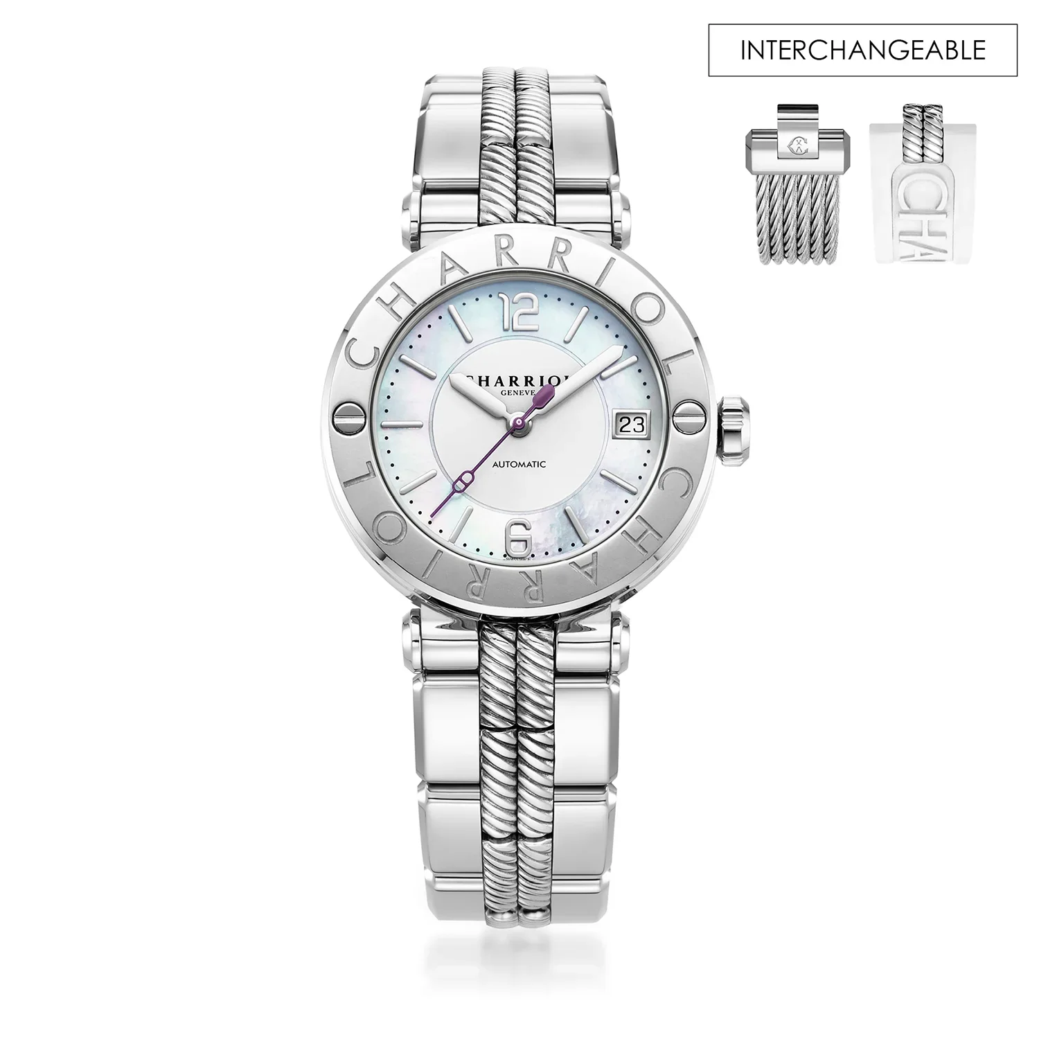 NAVIGATOR CRUISE, 36MM, AUTOMATIC CALIBRE, MOTHER-OF-PEARL DIAL, "CHARRIOL CHARRIOL" BEZEL, STEEL INTERCHANGEABLE BRACELET