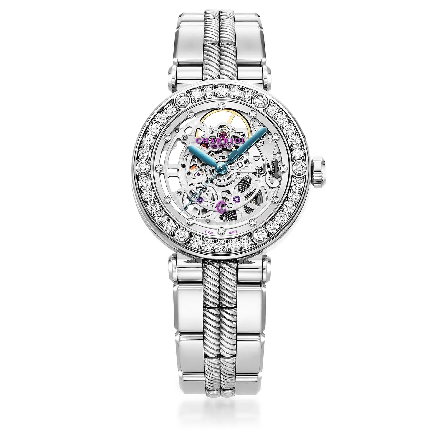 NAVIGATOR CRUISE, 36MM, CHARRIOL SKELETON AUTOMATIC CALIBRE, CRYSTAL WITH 12 DIAMONDS INDEX INNER RING DIAL, STEEL WITH 30 FULLCUTS DIAMONDS & 6 DIAMONDS, METAL INTERCHANGEABLE BRACELET