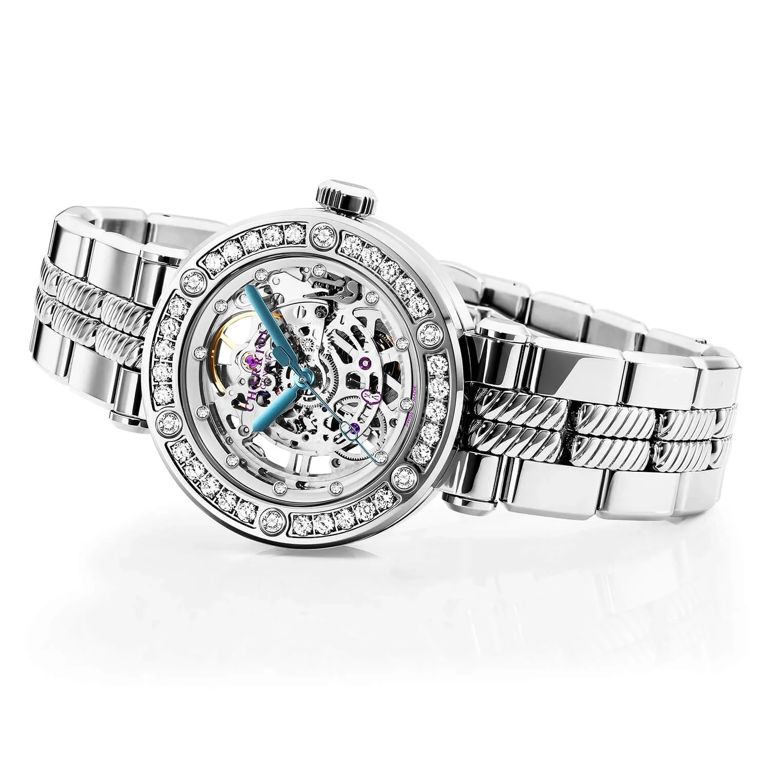 NAVIGATOR CRUISE, 36MM, CHARRIOL SKELETON AUTOMATIC CALIBRE, CRYSTAL WITH 12 DIAMONDS INDEX INNER RING DIAL, STEEL WITH 30 FULLCUTS DIAMONDS & 6 DIAMONDS, METAL INTERCHANGEABLE BRACELET - Image 2