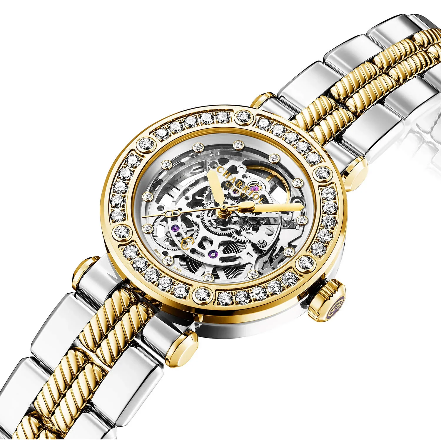 NAVIGATOR CRUISE, 36MM, CHARRIOL SKELETON AUTOMATIC CALIBRE, CRYSTAL WITH 12 DIAMONDS INDEX INNER RING DIAL, STEEL YELLOW GOLD PVD WITH 30 FULLCUTS DIAMONDS & 6 DIAMONDS BEZEL, METAL BICOLOR INTERCHANGEABLE BRACELET - Image 3