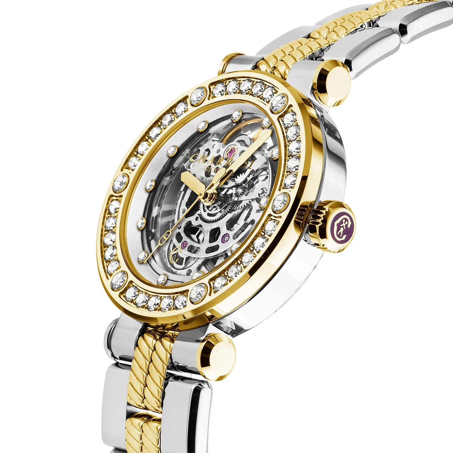 NAVIGATOR CRUISE, 36MM, CHARRIOL SKELETON AUTOMATIC CALIBRE, CRYSTAL WITH 12 DIAMONDS INDEX INNER RING DIAL, STEEL YELLOW GOLD PVD WITH 30 FULLCUTS DIAMONDS & 6 DIAMONDS BEZEL, METAL BICOLOR INTERCHANGEABLE BRACELET - Image 4