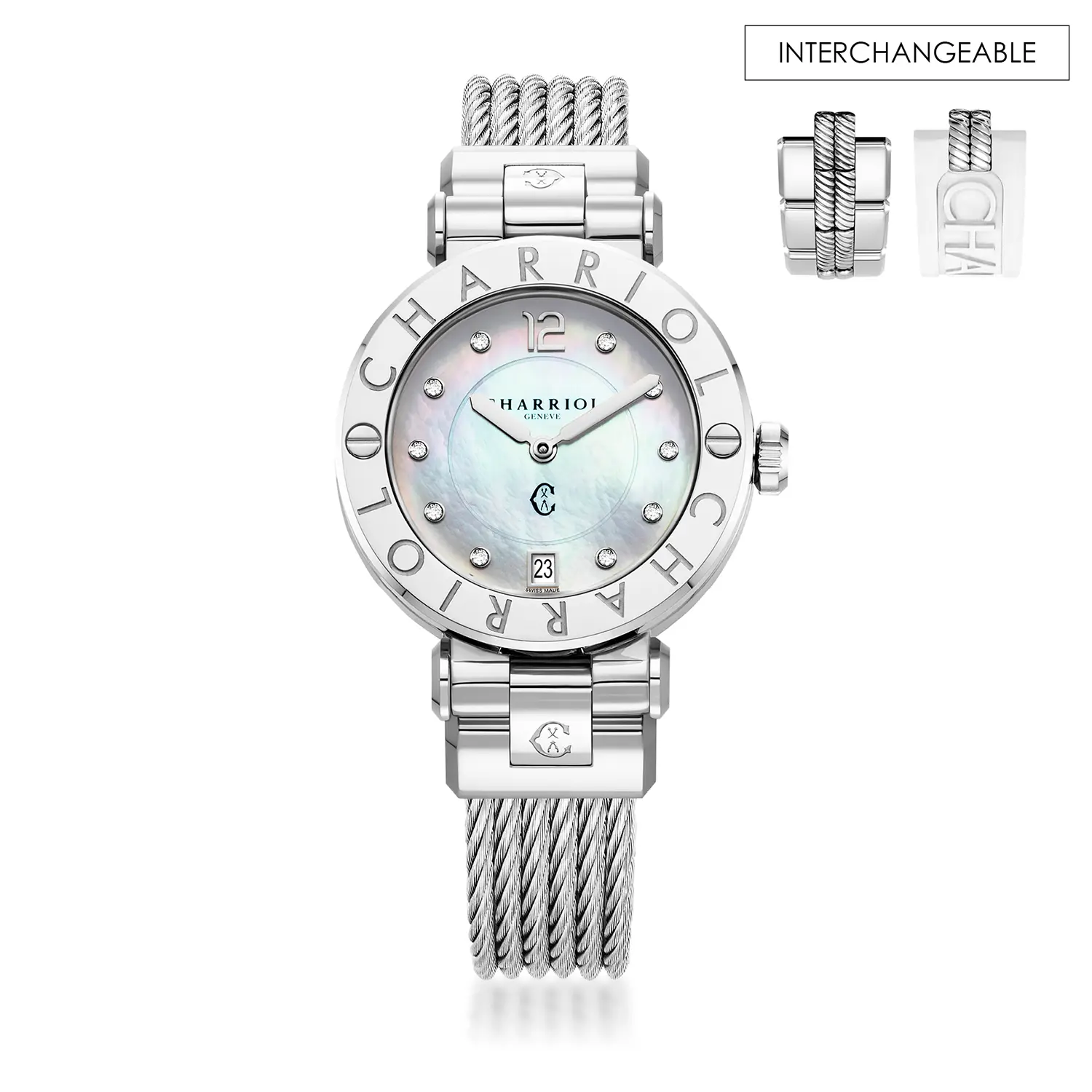 NAVIGATOR CRUISE, 36MM, QUARTZ CALIBRE, MOTHER-OF-PEARL WITH 10 DIAMONDS DIAL, STEEL "CHARRIOL CHARRIOL" BEZEL, STEEL CABLE INTERCHEANGEABLE BRACELET