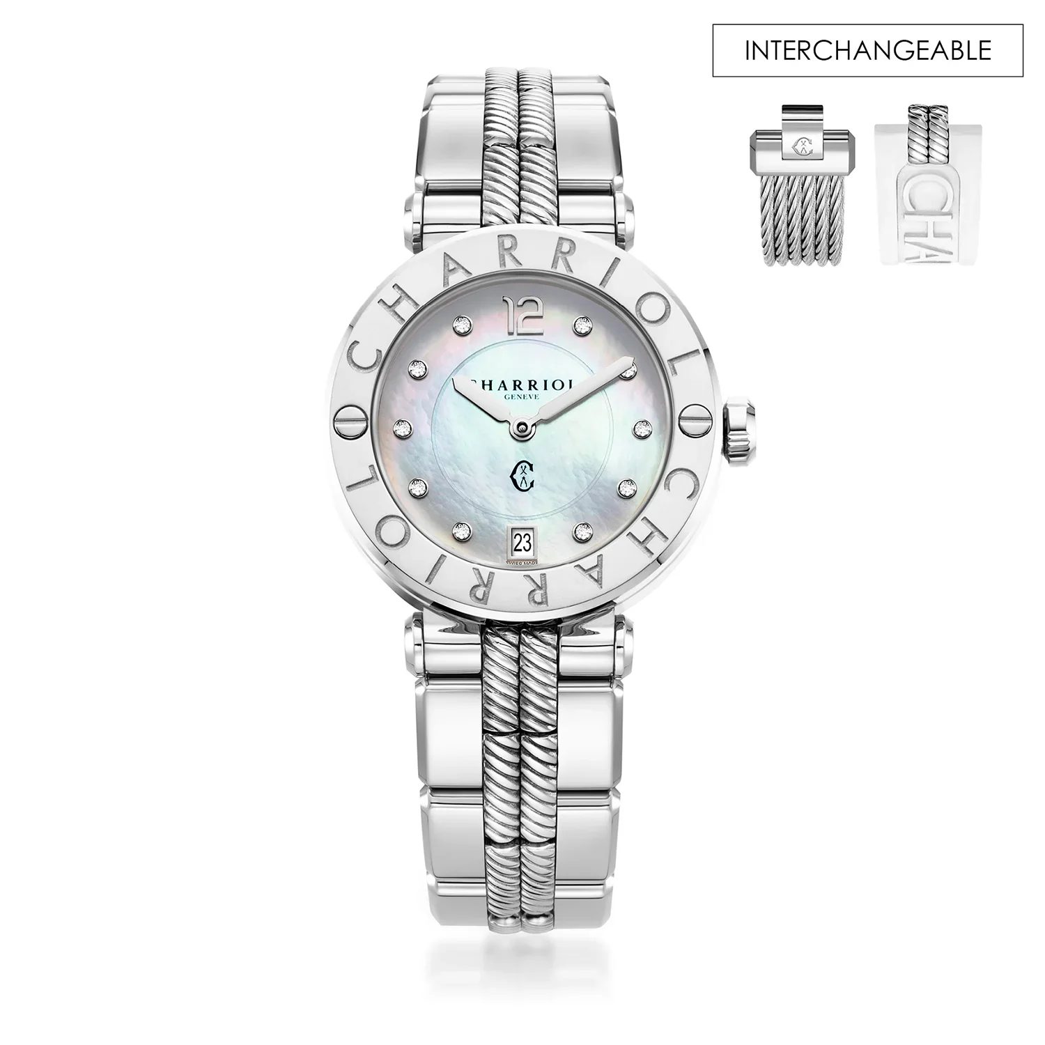 NAVIGATOR CRUISE, 36MM, QUARTZ CALIBRE, MOTHER-OF-PEARL WITH 10 DIAMONDS DIAL, "CHARRIOL CHARRIOL" BEZEL, STEEL INTERNCHANGEABLE BRACELET