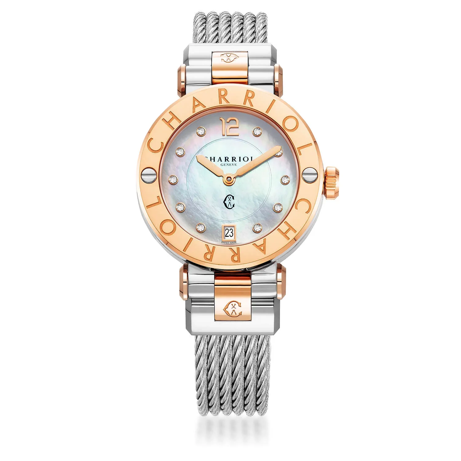 NAVIGATOR CRUISE, 36MM, QUARTZ CALIBRE, WHITE MOTHER-OF-PEARL WITH 10 DIAMONDS DIAL, STEEL ROSE GOLD PVD "CHARRIOL CHARRIOL" WITH 2 SCREWS BEZEL, STEEL INTERCHANGEABLE CABLE BRACELET WITH ROSE GOLD PVD ATTACHED