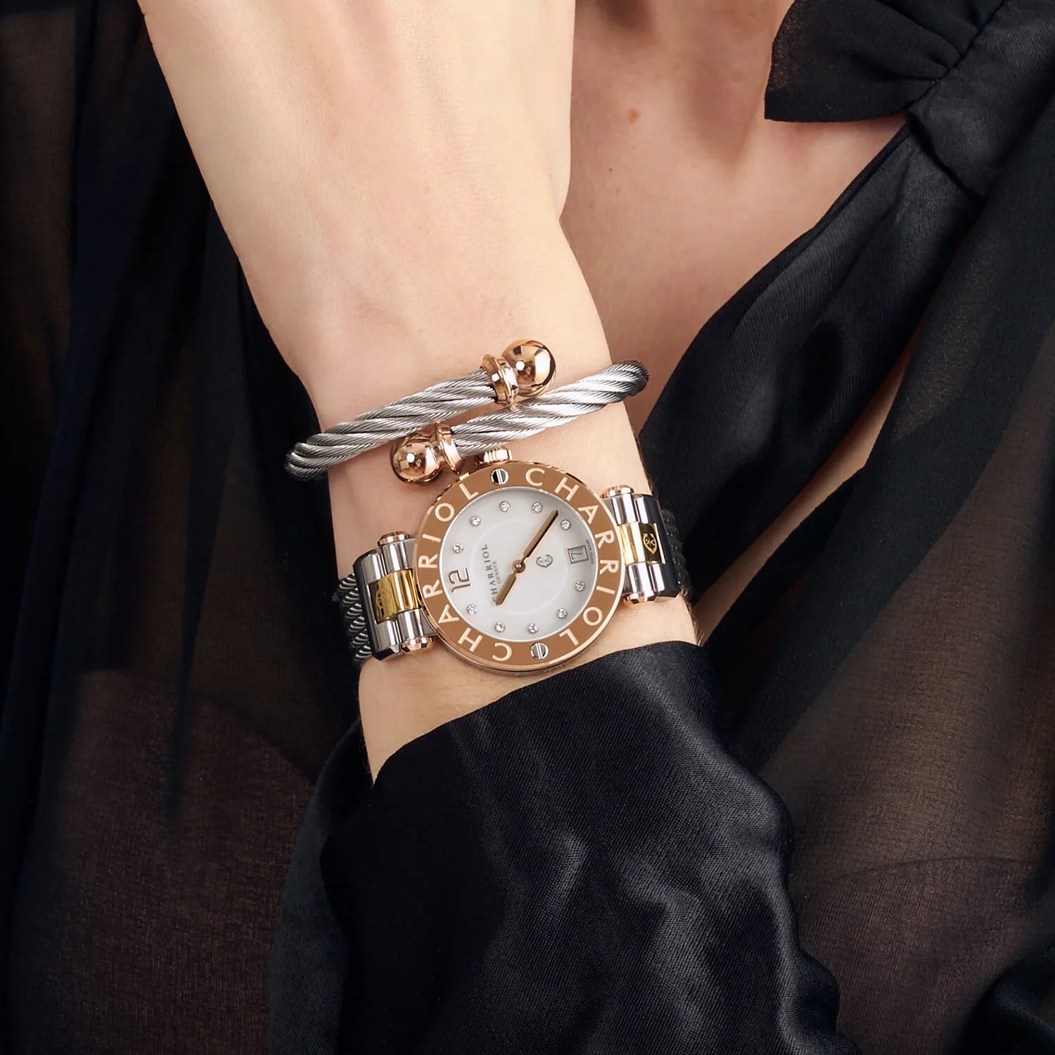 NAVIGATOR CRUISE, 36MM, QUARTZ CALIBRE, WHITE MOTHER-OF-PEARL WITH 10 DIAMONDS DIAL, STEEL ROSE GOLD PVD "CHARRIOL CHARRIOL" WITH 2 SCREWS BEZEL, STEEL INTERCHANGEABLE CABLE BRACELET WITH ROSE GOLD PVD ATTACHED - Image 4