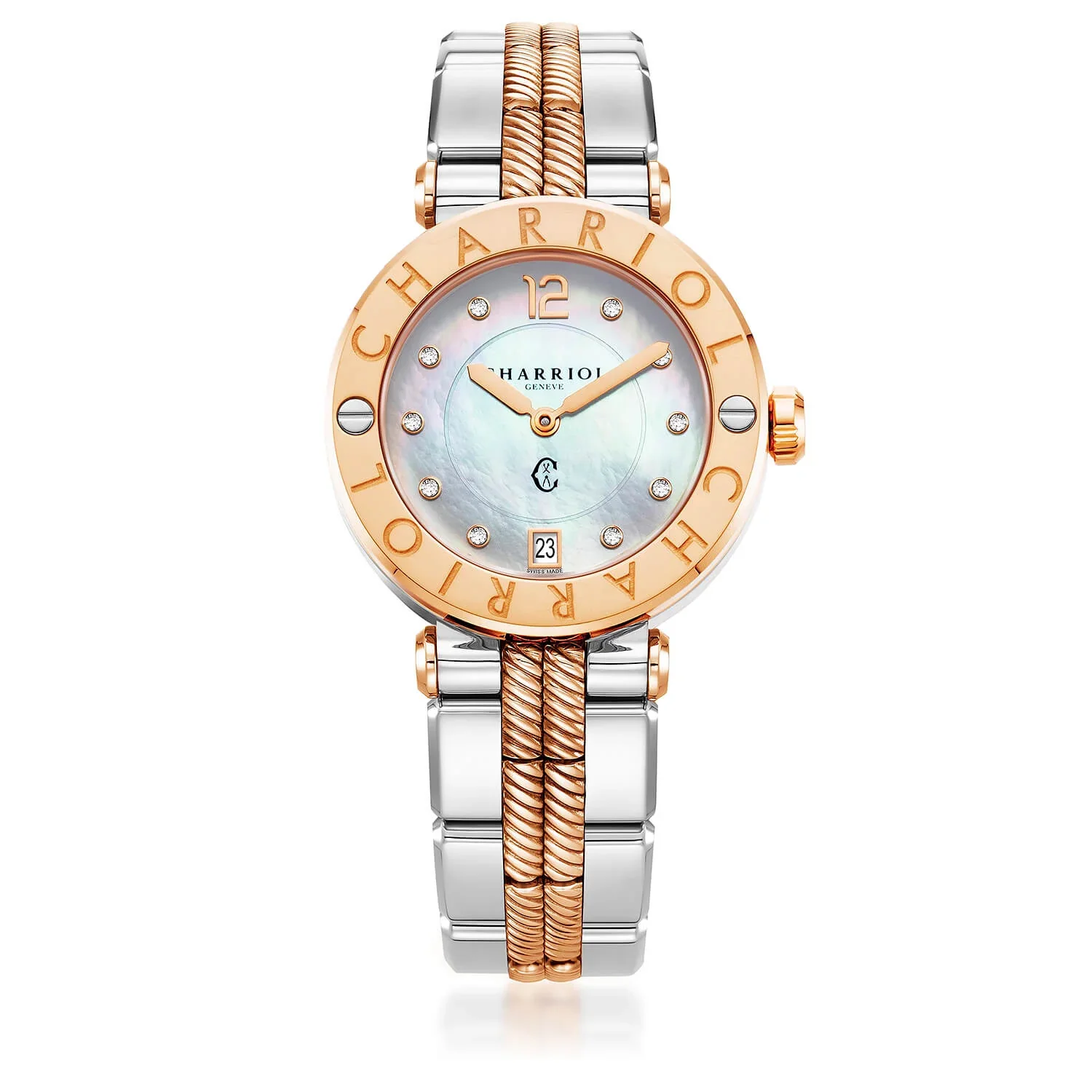 NAVIGATOR CRUISE, 36MM, QUARTZ CALIBRE, WHITE MOTHER-OF-PEARL WITH 10 DIAMONDS DIAL, STEEL ROSE GOLD PVD "CHARRIOL CHARRIOL" WITH 2 SCREWS BEZEL, METAL BICOLOR INTERCHANGEABLE BRACELET