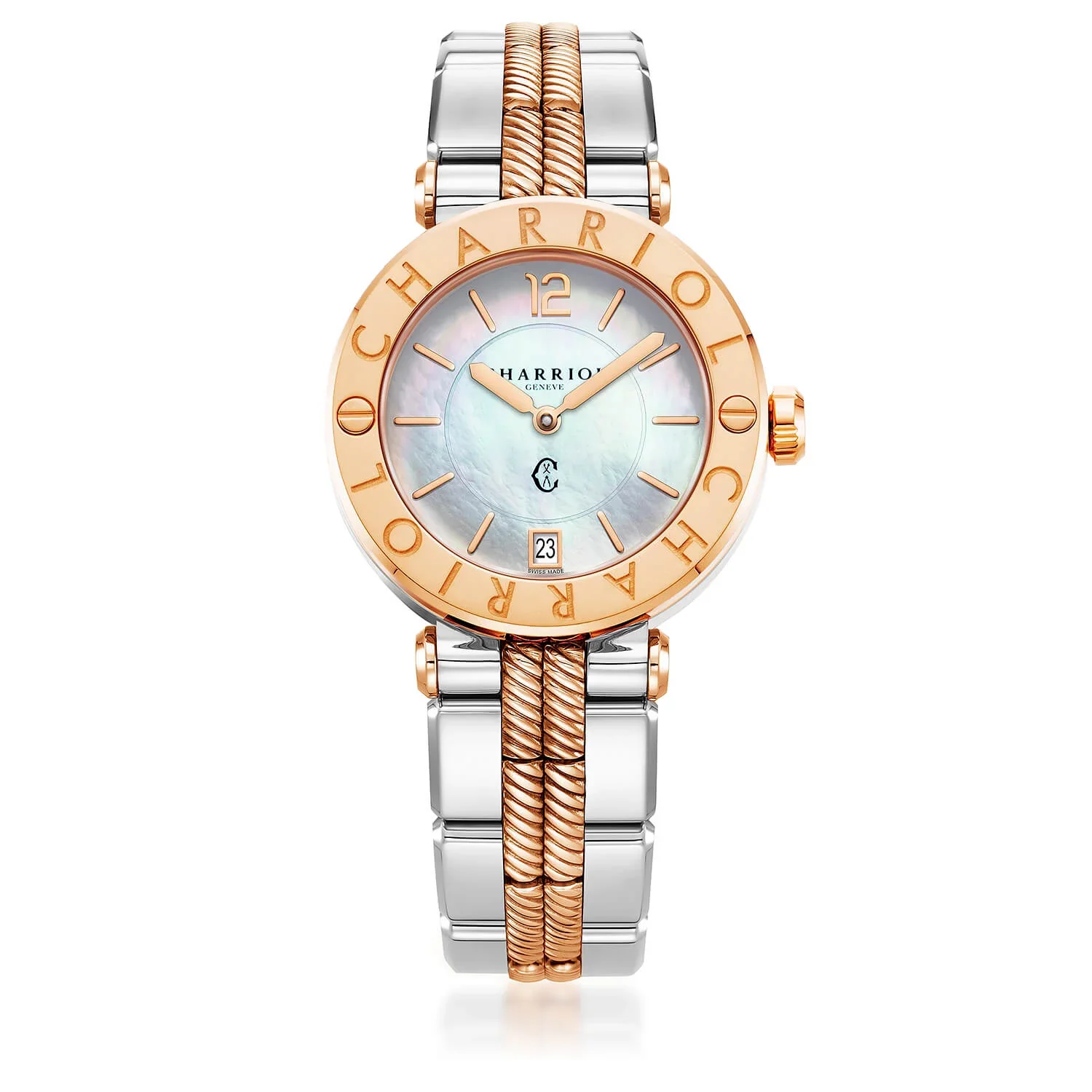 NAVIGATOR CRUISE, 36MM, QUARTZ CALIBRE, WHITE MOTHER OF PEARL WITH ROSE GOLD PVD INDEX DIAL, STEEL ROSE GOLD PVD "CHARRIOL CHARRIOL" WITH 2 SCREWS BEZEL, METAL BICOLOR INTERCHANGEABLE BRACELET