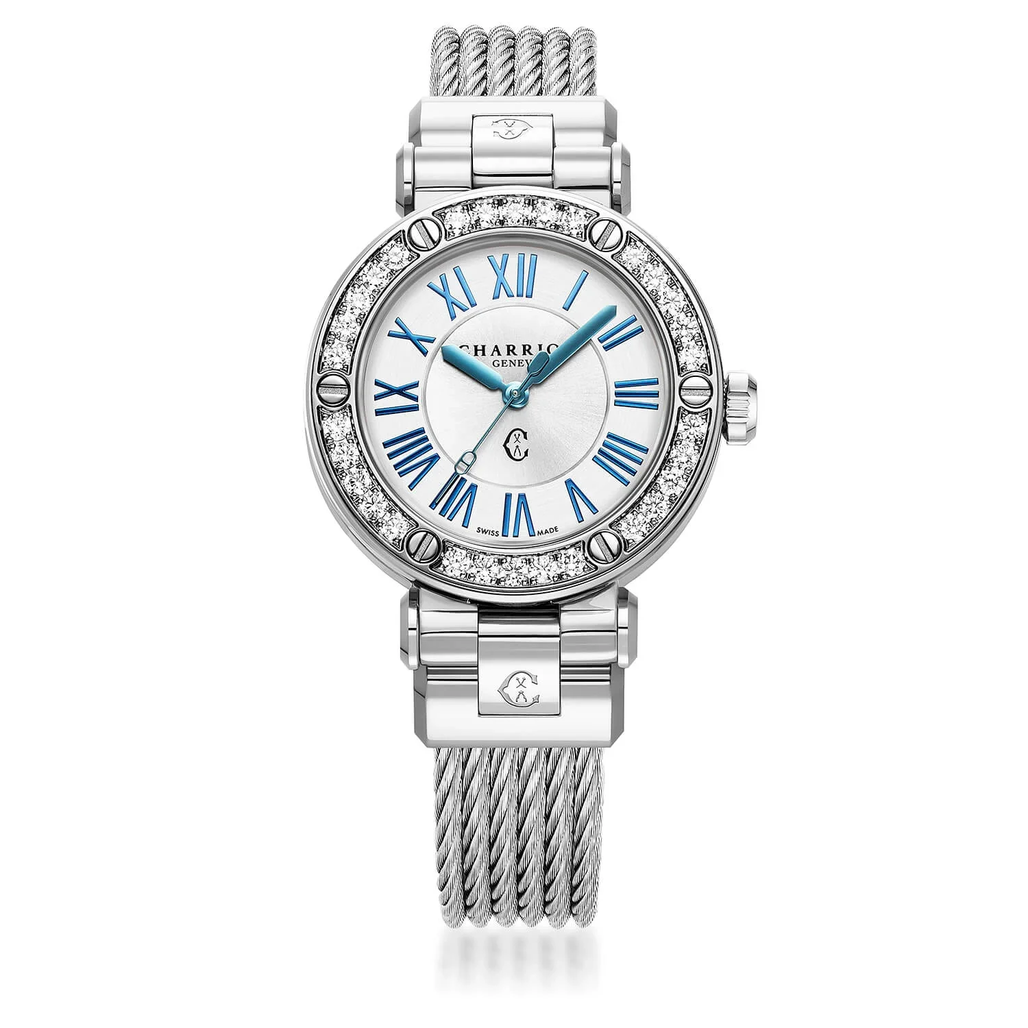 NAVIGATOR CRUISE, 36MM, QUARTZ CALIBRE, WHITE MOTHER-OF-PEARL AND MATT WHITE SUN CENTER WITH 12 ROMAN FIGURES DIAL, STEEL WITH 30 DIAMONDS BEZEL, STEEL INTERCHANGEABLE CABLE BRACELET