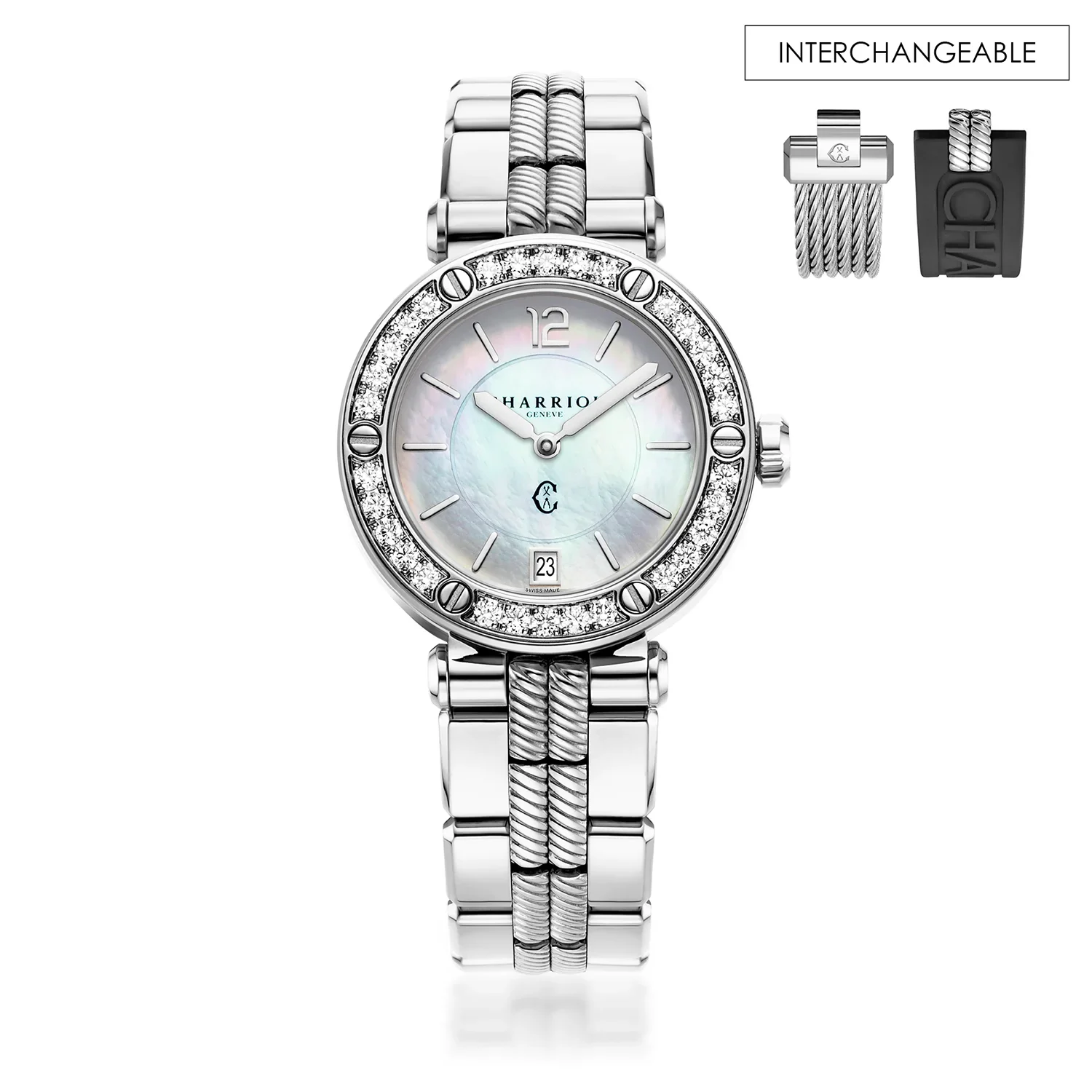 NAVIGATOR CRUISE, 36MM, QUARTZ CALIBRE, MOTHER-OF-PEARL DIAL, 30 DIAMONDS BEZEL, STEEL INTERCHANGEABLE BRACELET