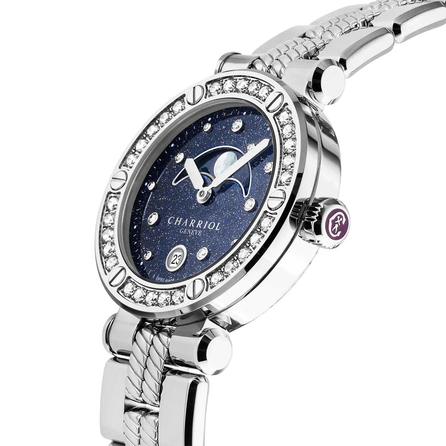 NAVIGATOR CRUISE, 36MM, MOONPHASE QUARTZ CALIBRE, AVENTURINE PRINTED WITH 11 DIAMONDS DIAL, STEEL WITH 30 DIAMONDS AND 6 SCREWS BEZEL, METAL INTERCHANGEABLE BRACELET - Image 5