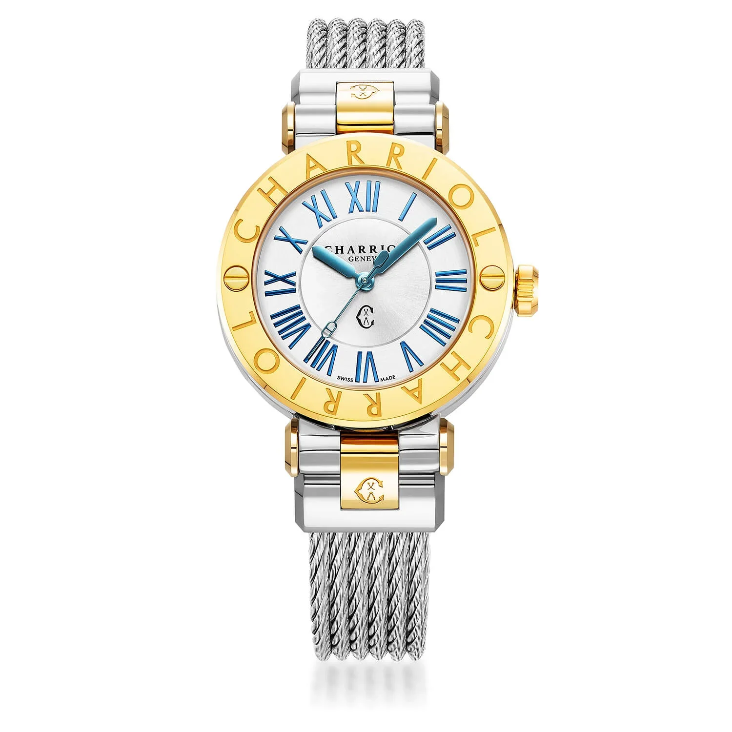 NAVIGATOR CRUISE, 36MM, QUARTZ CALIBRE, WHITE MOTHER-OF-PEARL WITH 12 ROMAN FIGURES DIAL, STEEL YELLOW GOLD PVD "CHARRIOL CHARRIOL" WITH 2 SCREWS, STEEL INTERCHANGEABLE CABLE BRACELET