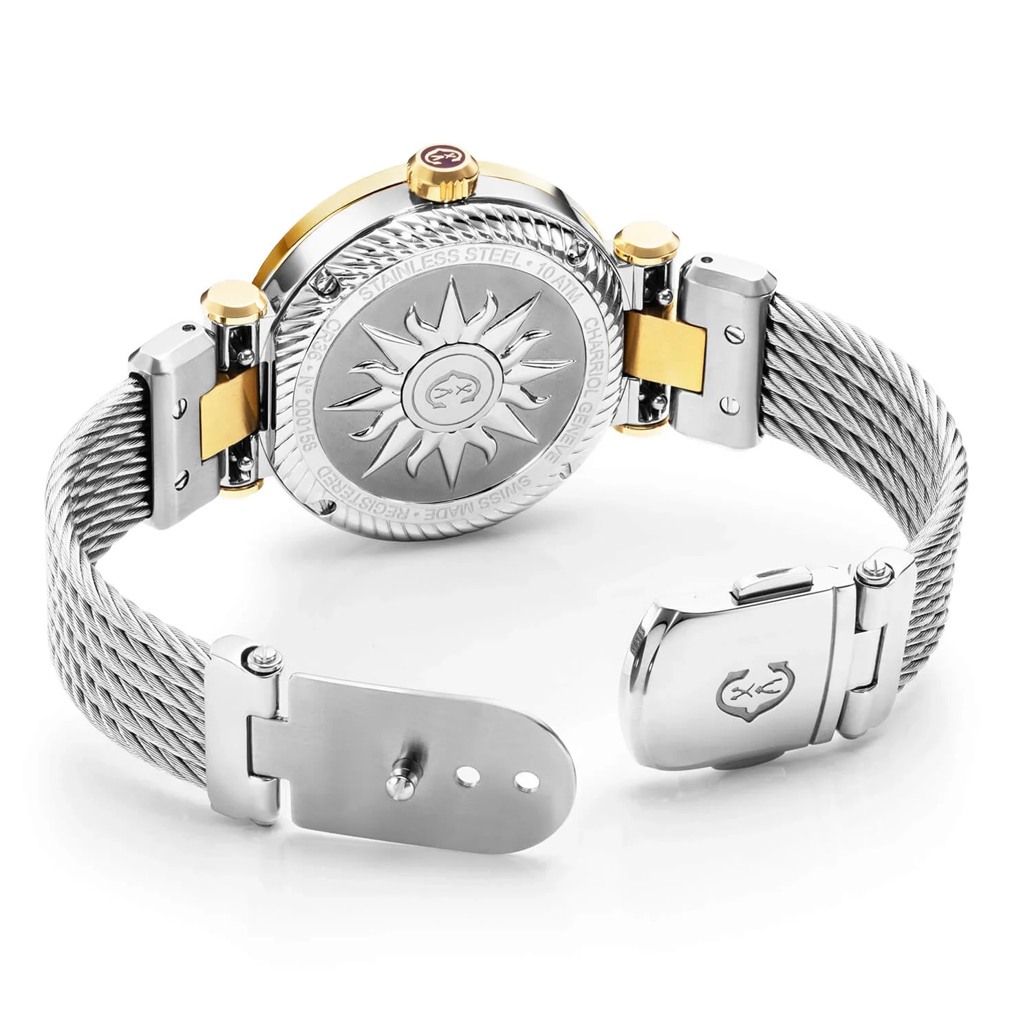 NAVIGATOR CRUISE, 36MM, QUARTZ CALIBRE, WHITE MOTHER-OF-PEARL WITH 12 ROMAN FIGURES DIAL, STEEL YELLOW GOLD PVD "CHARRIOL CHARRIOL" WITH 2 SCREWS, STEEL INTERCHANGEABLE CABLE BRACELET - Image 2