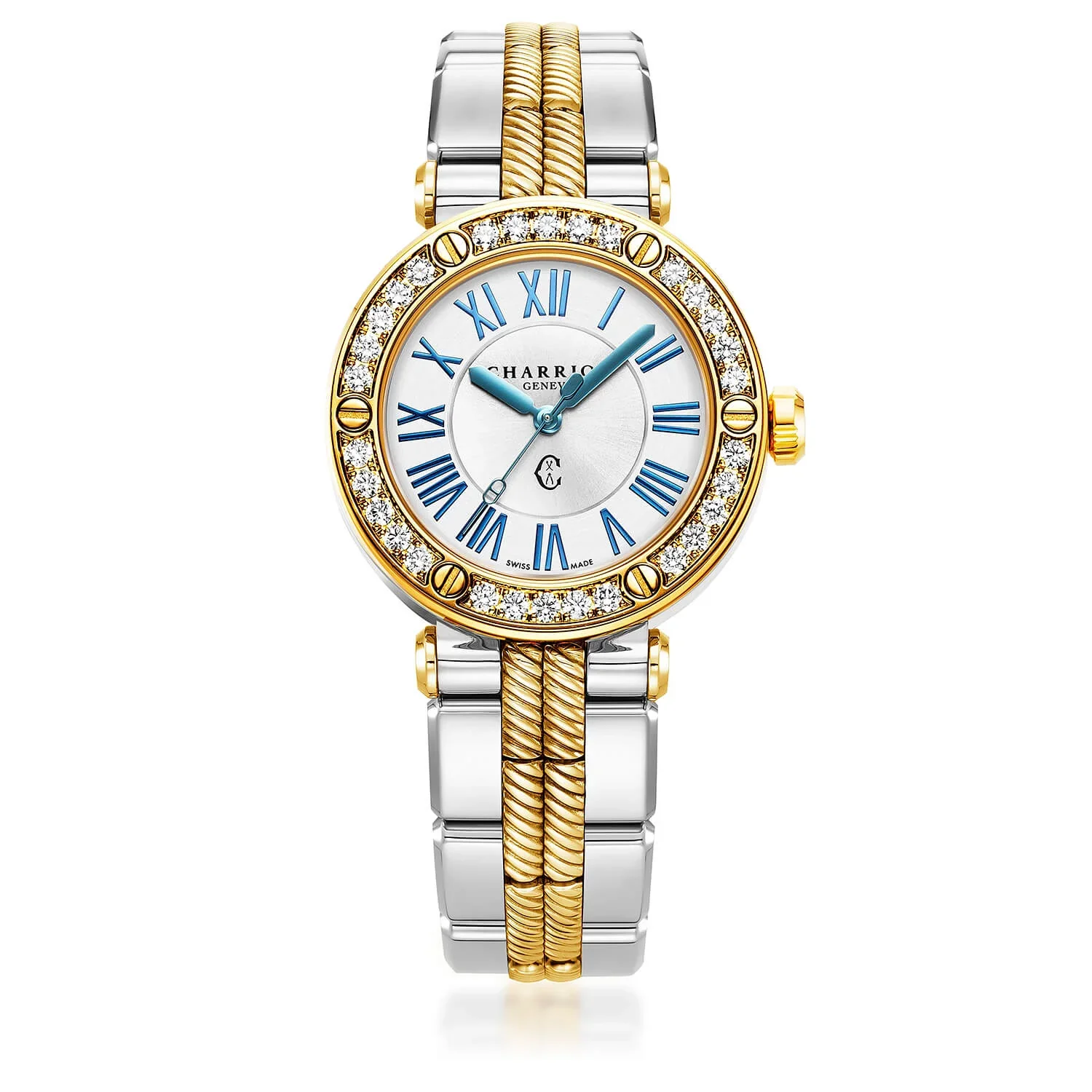 NAVIGATOR CRUISE, 36MM, QUARTZ CALIBRE, WHITE MOTHER-OF-PEARL WITH 12 ROMAN FIGURES DIAL, STEEL YELLOW GOLD PVD WITH 30 DIAMONDS & 6 SCREWS BEZEL, METAL BICOLOR INTERCHANGEABLE BRACELET