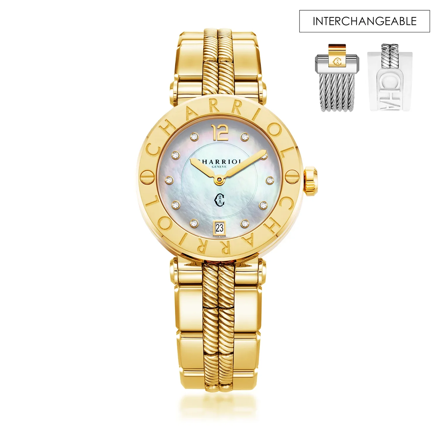 NAVIGATOR CRUISE, 36MM, QUARTZ CALIBRE, MOTHER-OF-PEARL WITH 10 DIAMONDS DIAL, STEEL YELLOW GOLD PVD "CHARRIOL CHARRIOL" BEZEL, STEEL YELLOW GOLD PVD METAL INTERCHANGEABLE BRACELET