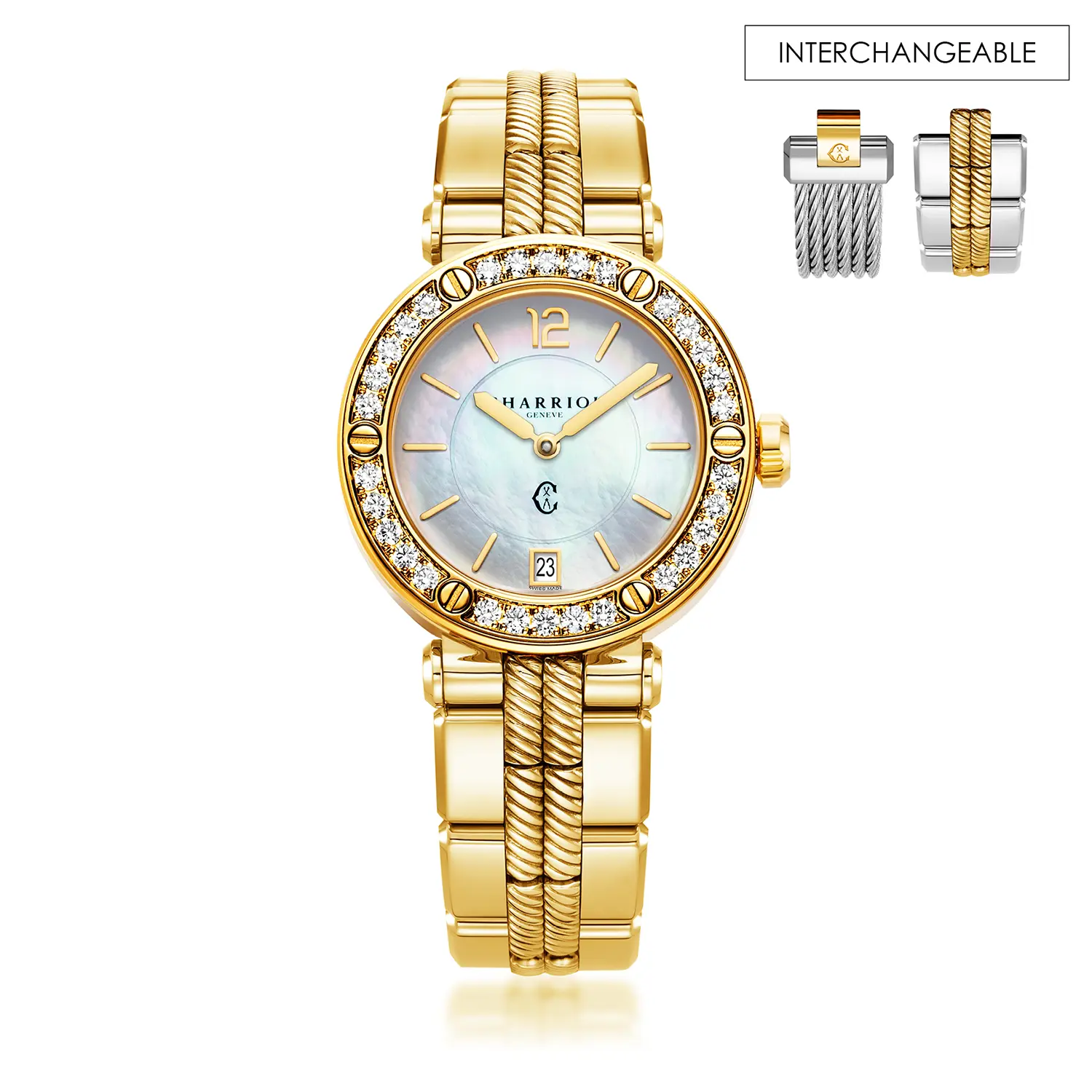NAVIGATOR CRUISE, 36MM, QUARTZ CALIBRE, MOTHER-OF-PEARL DIAL, 30 FULL CUT DIAMONDS WITH 6 SCREWS BEZEL, STEEL YELLOW GOLD PVD METAL INTERCHANGEABLE BRACELET