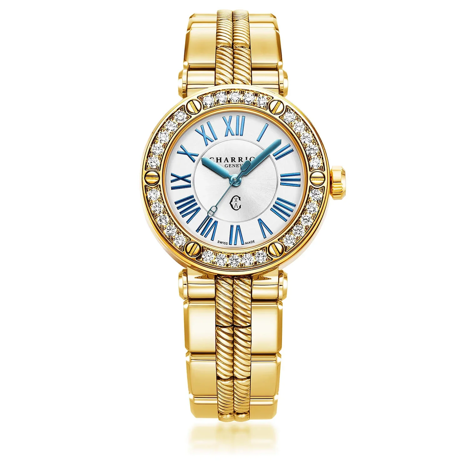 NAVIGATOR CRUISE, 36MM, QUARTZ CALIBRE, WHITE MOTHER-OF-PEARL WITH 12 ROMAN FIGURES DIAL, STEEL YELLOW GOLD PVD WITH 30 DIAMONDS & 6 SCREWS BEZEL, METAL YELLOW GOLD PVD INTERCHANGEABLE BRACELET