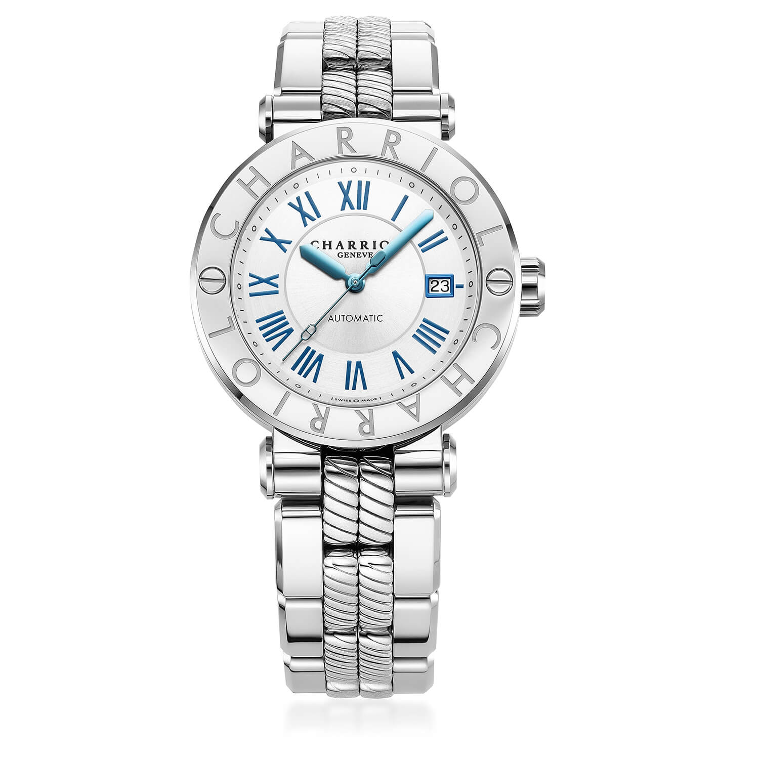 NAVIGATOR CRUISE, 41MM, AUTOMATIC CALIBRE, MATT WHITE CENTER SUN AND CIRCULAR DIAL WITH 11 BLUE ROMAN FIGURES, STEEL "CHARRIOL CHARRIOL" WITH 2 SCREWS BEZEL, ,METAL INTERCHANGEABLE BRACELET
