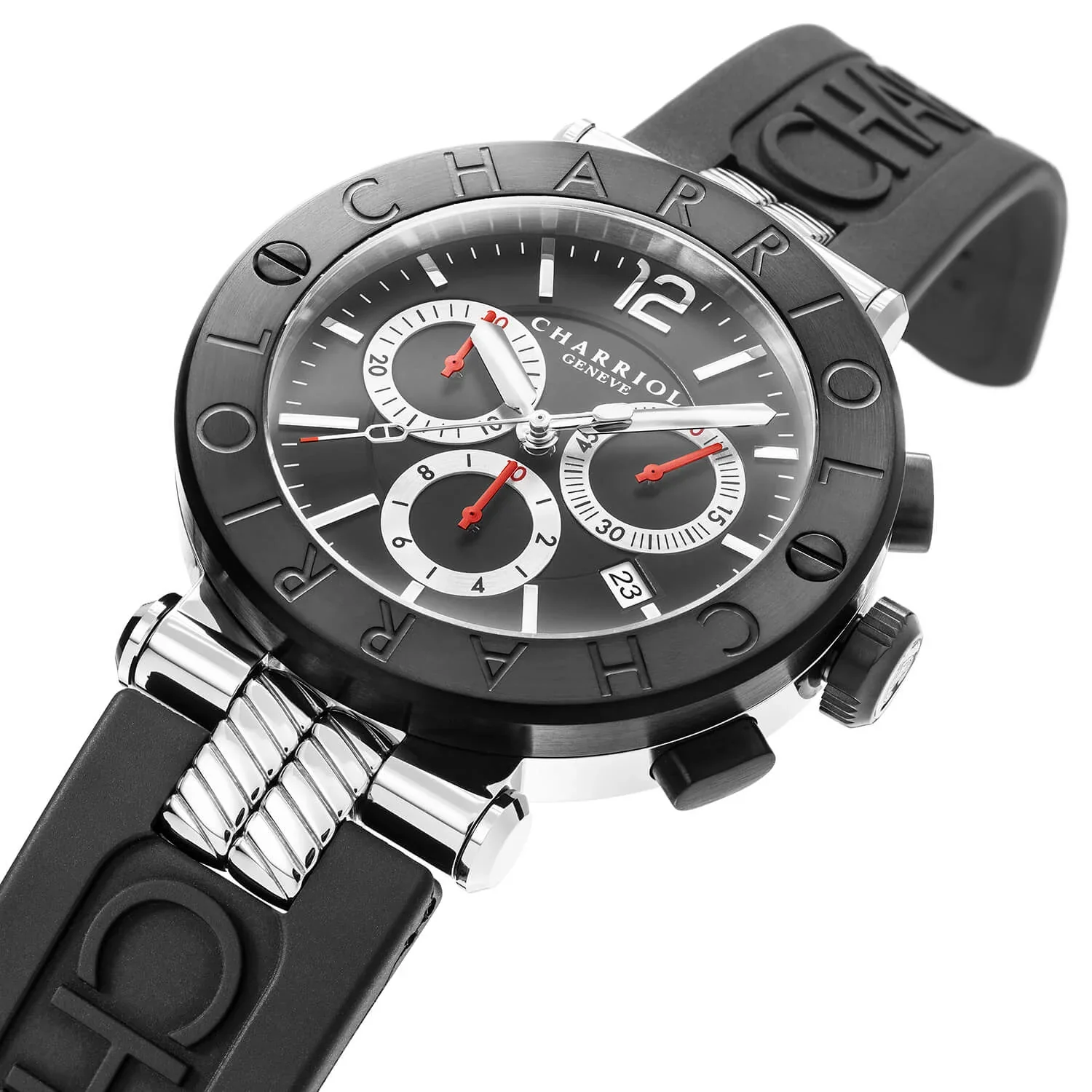 NAVIGATOR CRUISE, 41MM, QUARTZ CHRONOGRAPH CALIBRE, BLACK WITH RED CROSSES DIAL, STEEL BLACK PVD "CHARRIOL CHARRIOL" BEZEL, BLACK RUBBER INTERCHANGEABLE STRAP BRACELET - Image 3