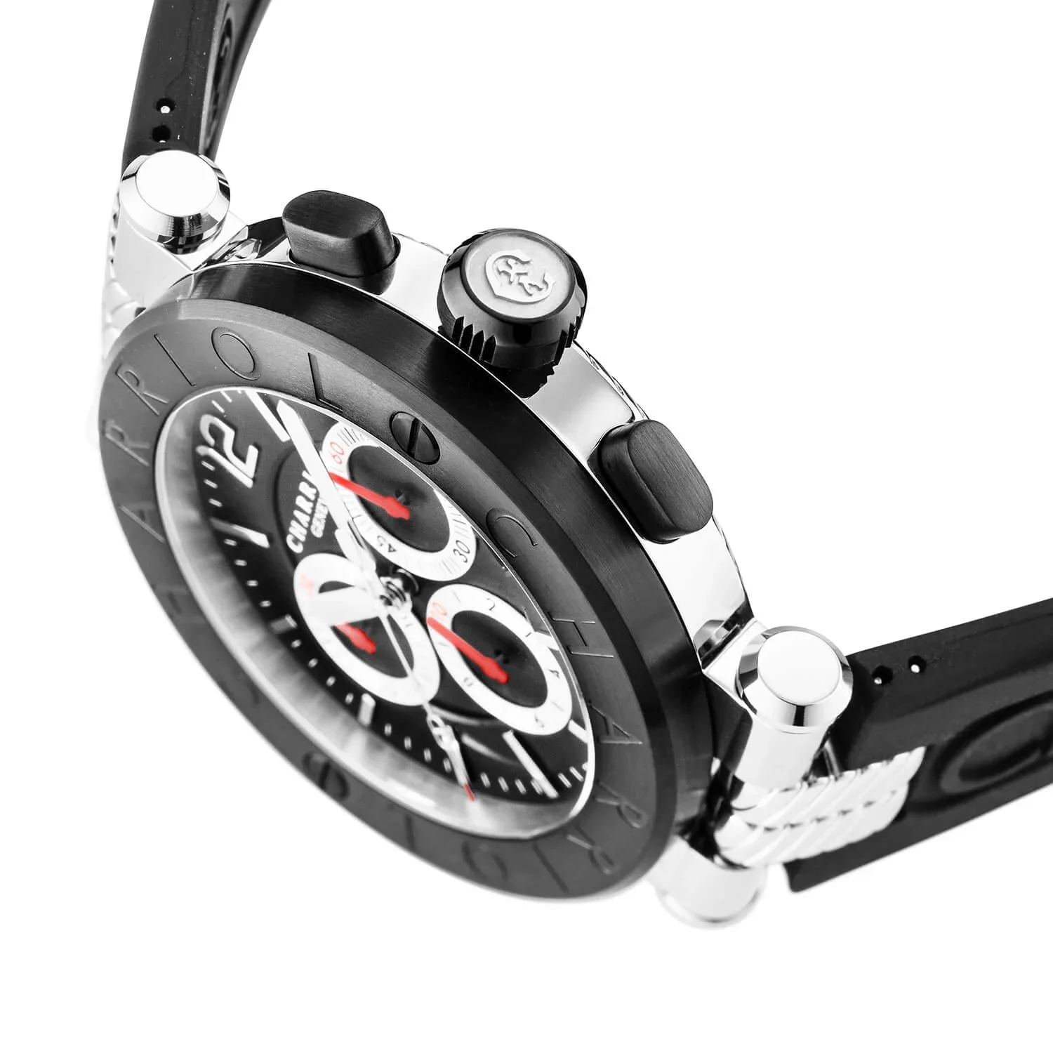 NAVIGATOR CRUISE, 41MM, QUARTZ CHRONOGRAPH CALIBRE, BLACK WITH RED CROSSES DIAL, STEEL BLACK PVD "CHARRIOL CHARRIOL" BEZEL, BLACK RUBBER INTERCHANGEABLE STRAP BRACELET - Image 4