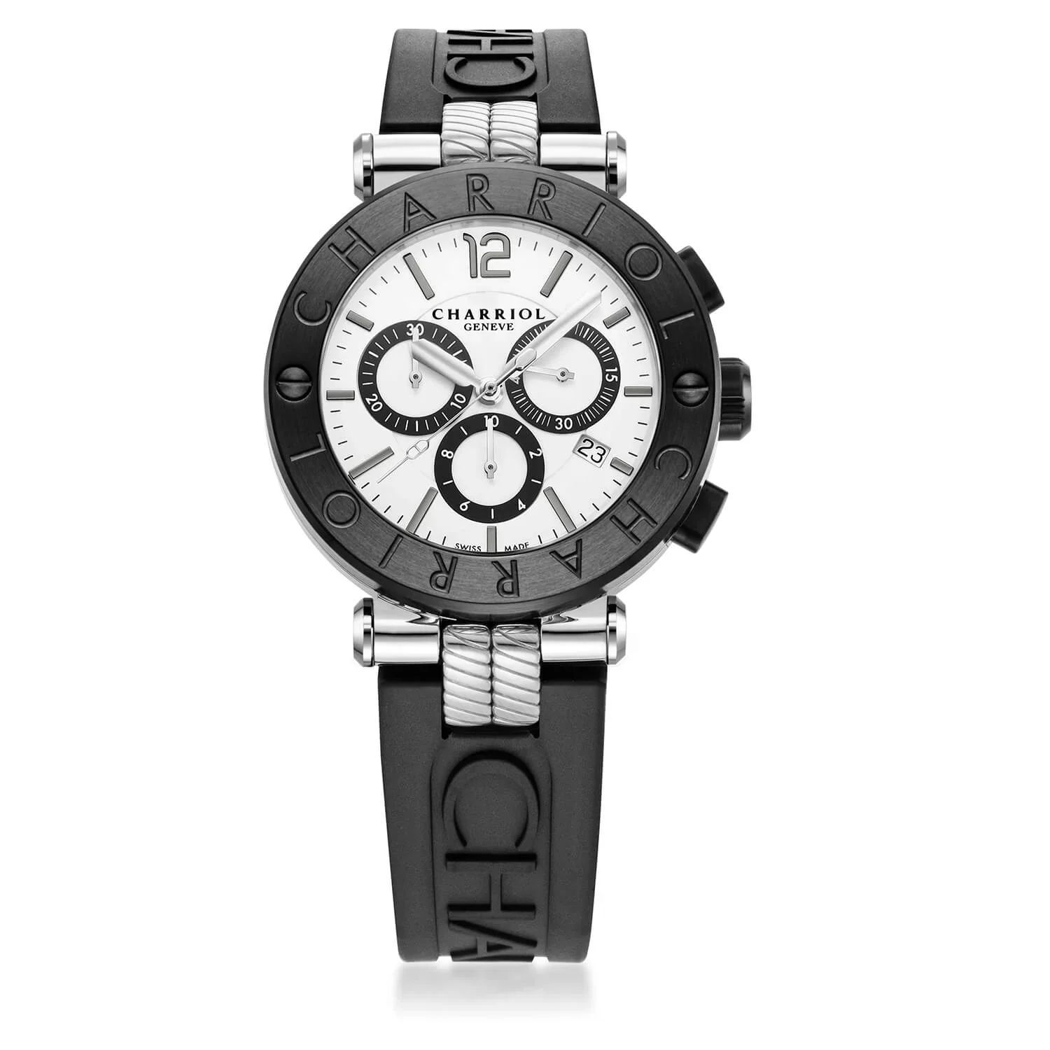 NAVIGATOR CRUISE, 41MM, QUARTZ CHRONOGRAPH CALIBRE, WHITE DIAL WITH 1 ARABIC AND 11 RHODIUM INDEX DIAL, STEEL BLACK PVD "CHARRIOL CHARRIOL" BEZEL, BLACK RUBBER INTERCHANGEABLE BRACELET