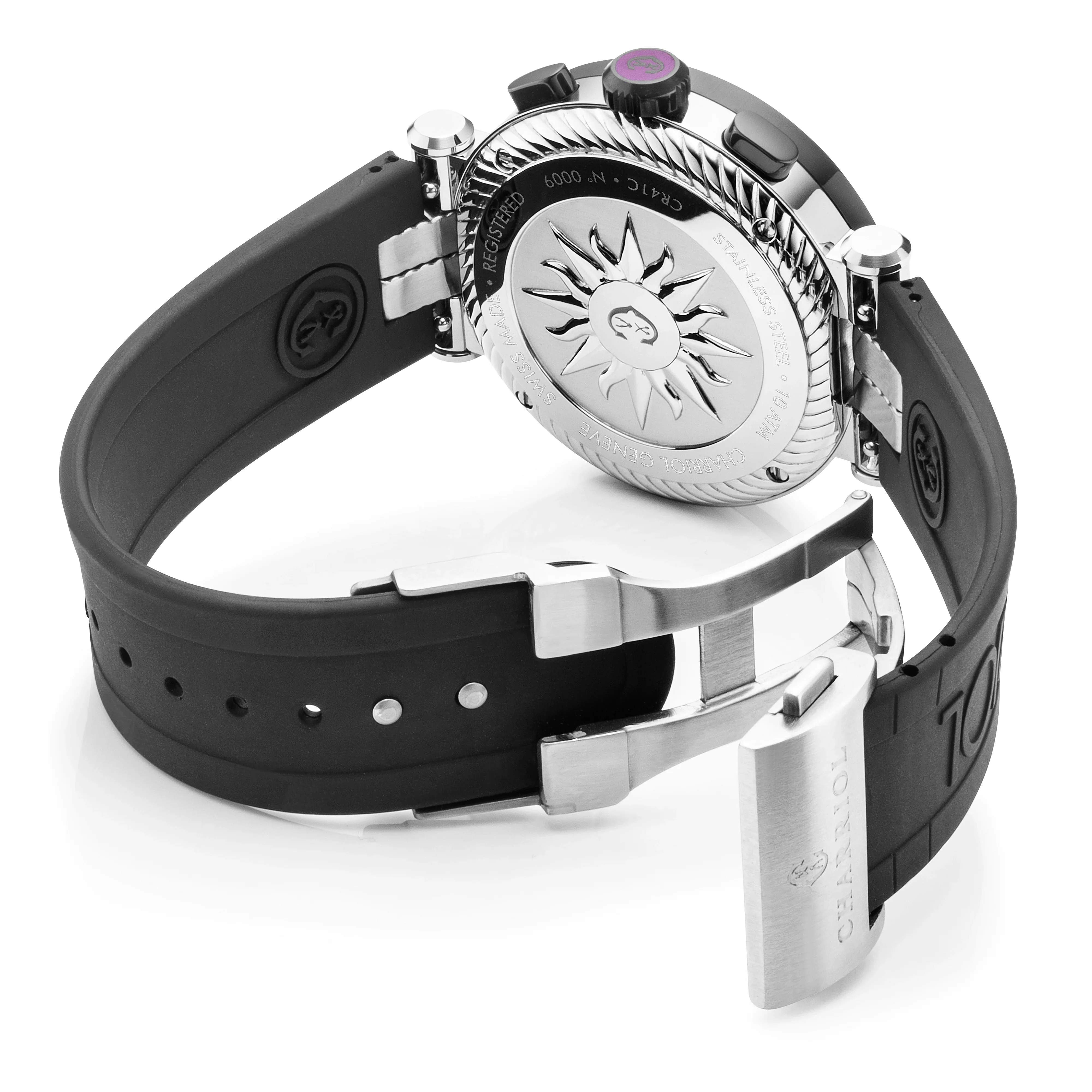 NAVIGATOR CRUISE, 41MM, QUARTZ CHRONOGRAPH CALIBRE, WHITE DIAL WITH 1 ARABIC AND 11 RHODIUM INDEX DIAL, STEEL BLACK PVD "CHARRIOL CHARRIOL" BEZEL, BLACK RUBBER INTERCHANGEABLE BRACELET - Image 2