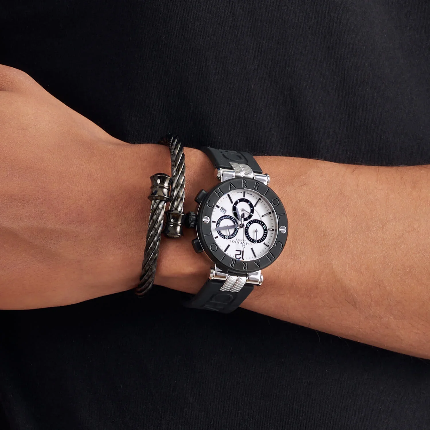 NAVIGATOR CRUISE, 41MM, QUARTZ CHRONOGRAPH CALIBRE, WHITE DIAL WITH 1 ARABIC AND 11 RHODIUM INDEX DIAL, STEEL BLACK PVD "CHARRIOL CHARRIOL" BEZEL, BLACK RUBBER INTERCHANGEABLE BRACELET - Image 3