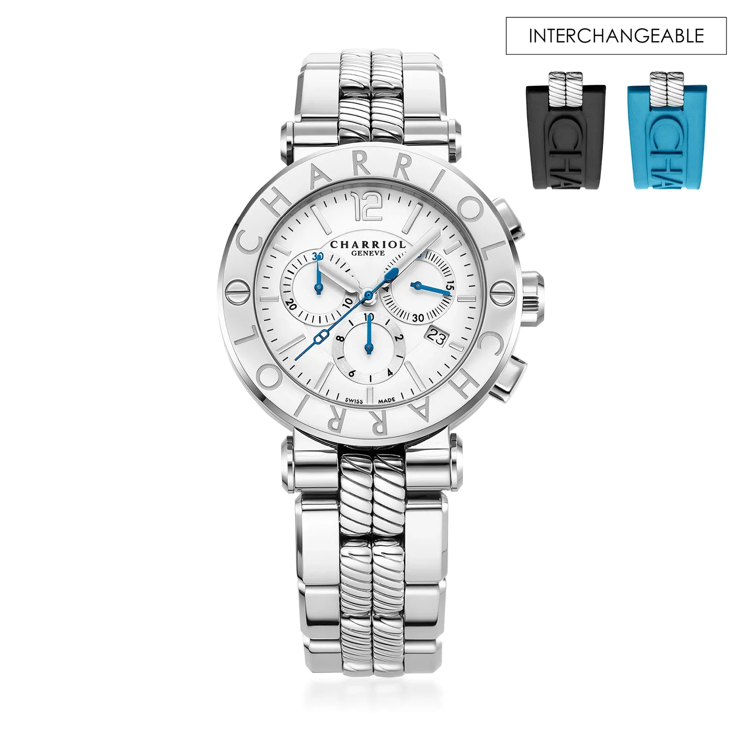 NAVIGATOR CRUISE, 41MM, QUARTZ CHRONOGRAPH CALIBRE, WHITE DIAL, "CHARRIOL CHARRIOL" BEZEL, STEEL INTERCHANGEABLE BRACELET