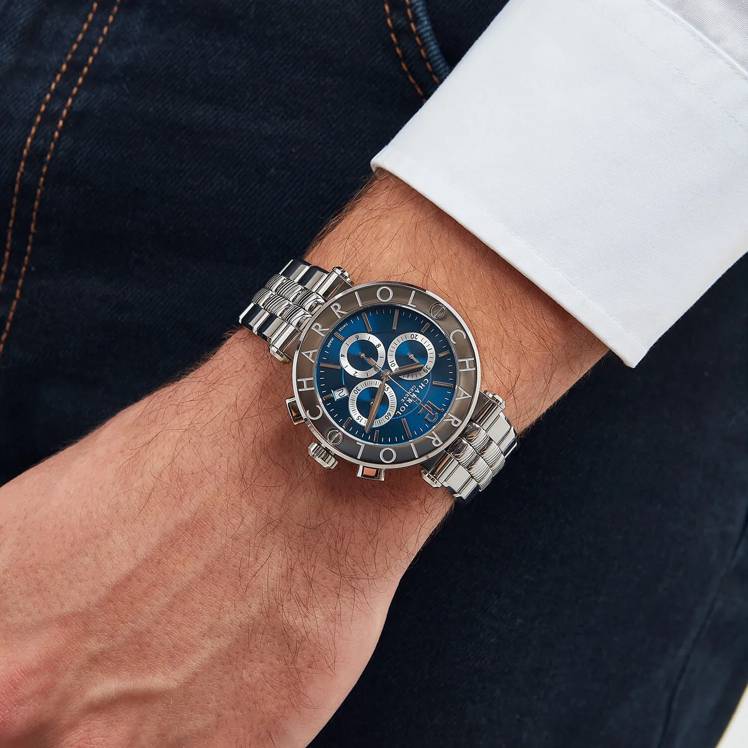 NAVIGATOR CRUISE, 41MM, QUARTZ CHRONOGRPH CALIBRE, BLUE WITH 3 RHODIUM MIRRORS & INDEX DIAL, STEEL "CHARRIOL CHARRIOL" WITH 2 SCREWS BEZEL, STEEL METAL INTERCHANGEABLE BRACELET - Image 8