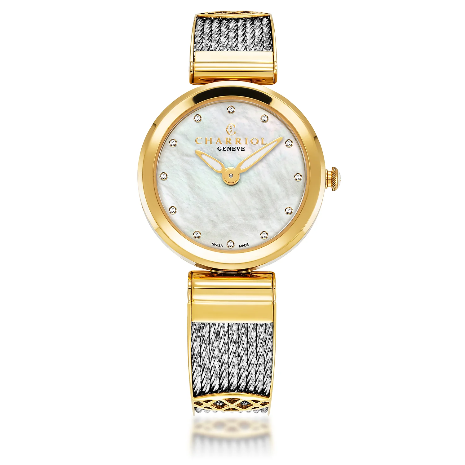FOREVER™, 32MM, QUARTZ CALIBRE, MOTHER-OF-PEARL WITH 12 SIMILIS DIAL, YELLOW GOLD PVD BEZEL, STEEL CABLE BRACELET & YELLOW GOLD PVD DECORS