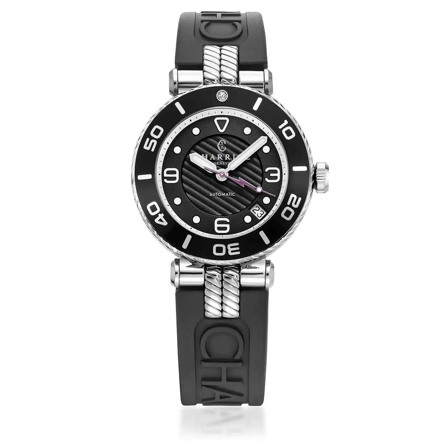 NAVIGATOR SURF, 36MM, AUTOMATIC CALIBRE, BLACK AND SILVER WITH LUMINOVA DIAL, BLACK UNIDIRECTIONAL BEZEL WITH 1 DIAMOND, BLACK RUBBER INTERCHANGEABLE BRACELET
