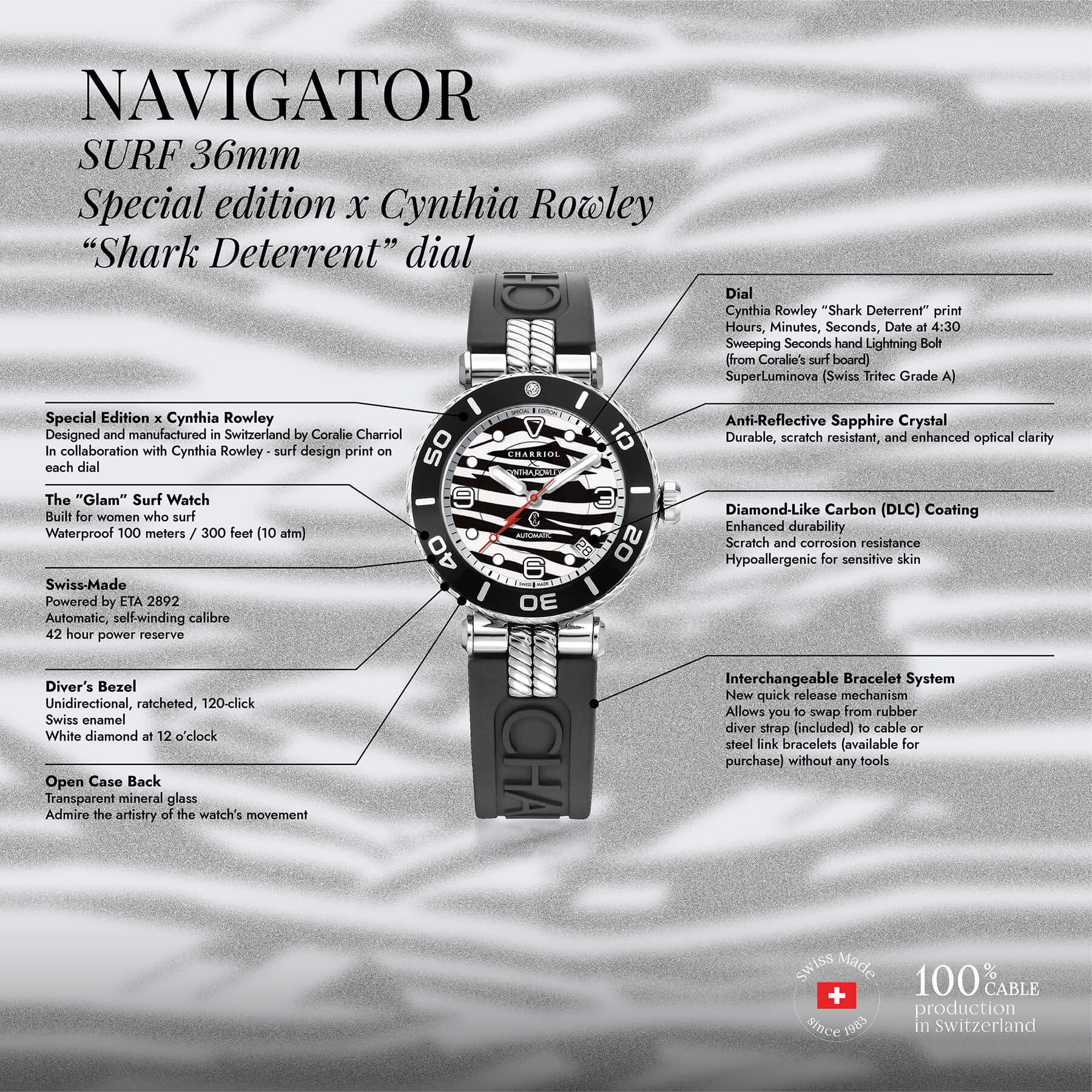 NAVIGATOR SURF, 36MM, AUTOMATIC CALIBRE, SHARK DETERRENT DIAL, BLACK WITH 1 DIAMOND BEZEL, BLACK RUBBER INTERCHANGEABLE BRACELET, SPECIAL EDITION X CYNTHIA ROWLEY - Image 5