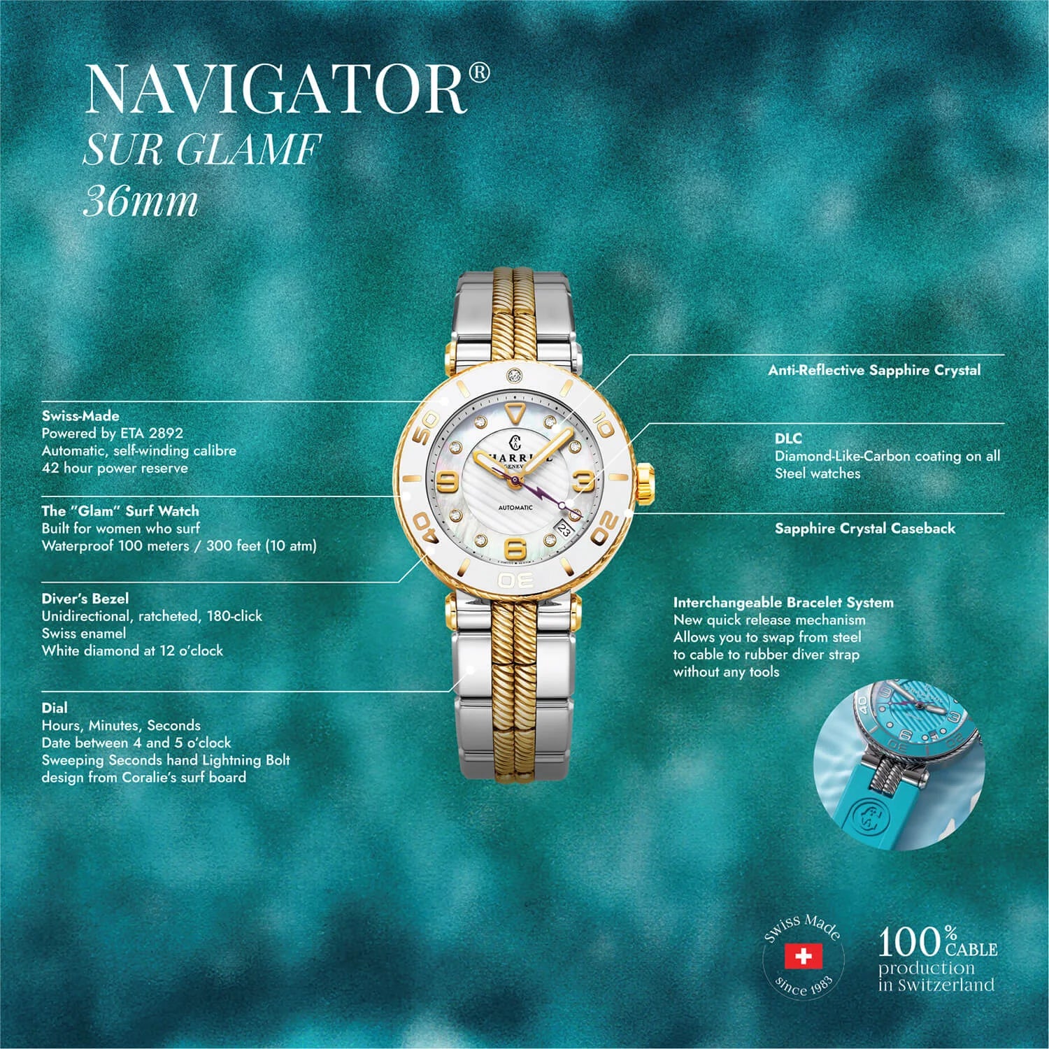 NAVIGATOR SURF, 36MM, AUTOMATIC CALIBRE, TURQUOISE DIAL, TURQUOISE BEZEL, TURQUOISE RUBBER INTERCHANGEABLE BRACELET - Image 5
