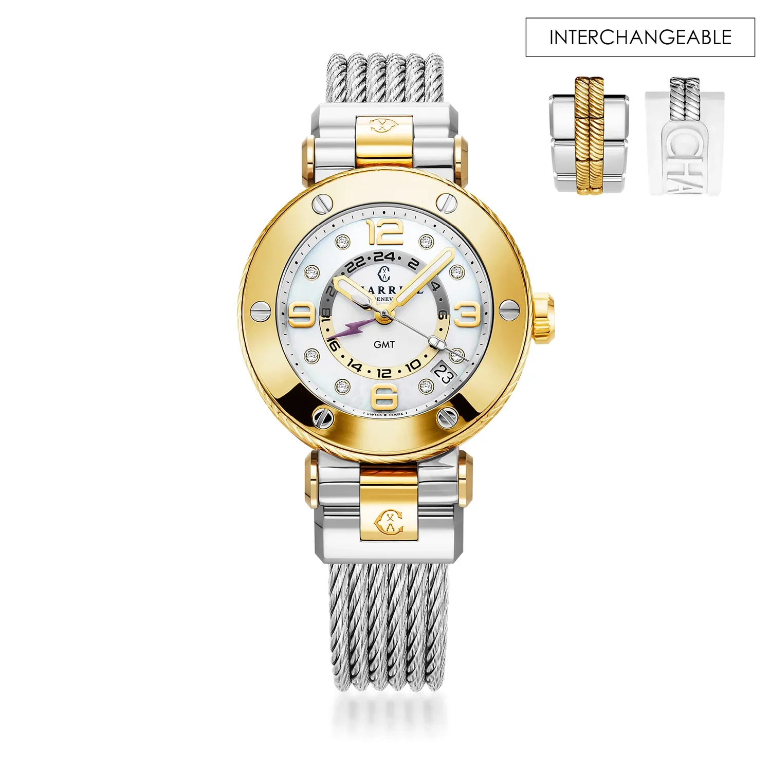 NAVIGATOR SURF GMT, 36MM, QUARTZ GMT CALIBRE, WHITE DIAL, 6 SCREWS BEZEL, STEEL CABLE INTERCHANGEABLE BRACELET