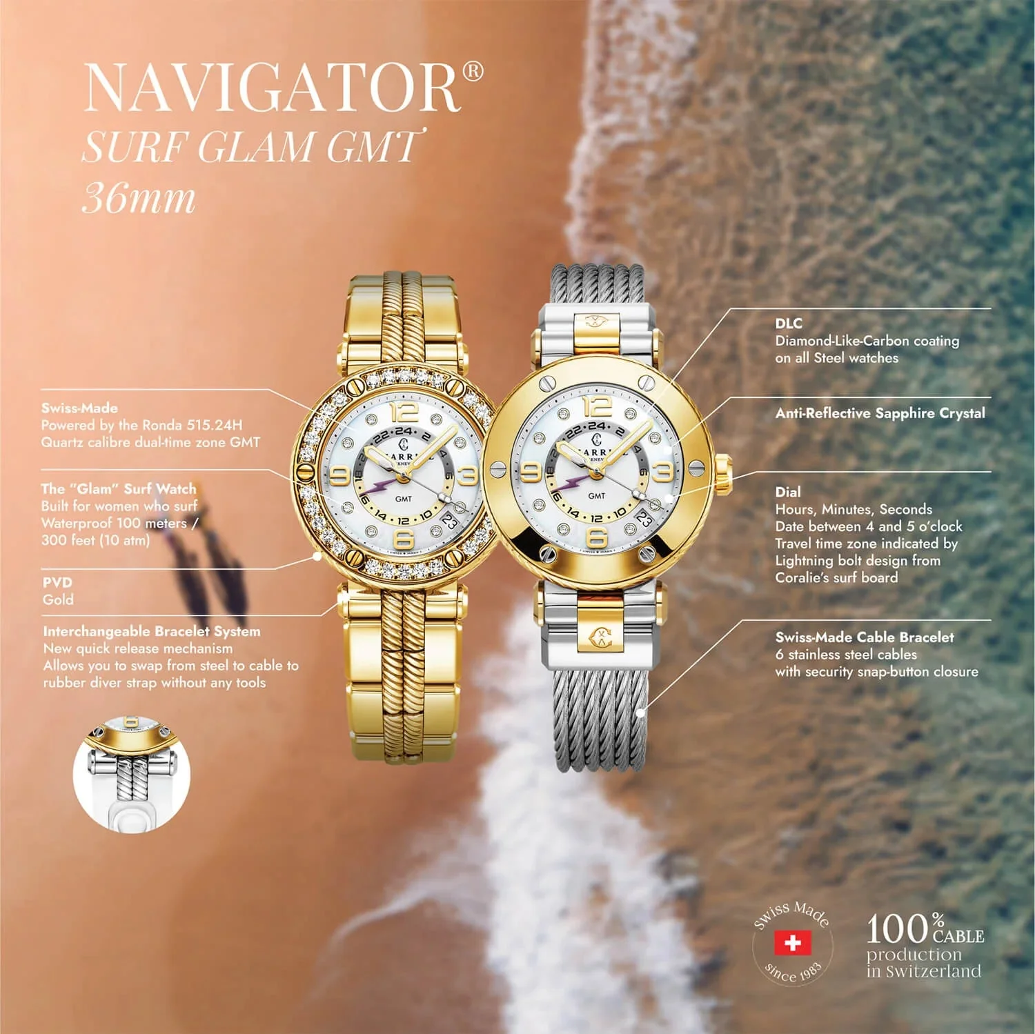 NAVIGATOR SURF GMT, 36MM, QUARTZ GMT CALIBRE, WHITE DIAL, 6 SCREWS BEZEL, STEEL CABLE INTERCHANGEABLE BRACELET - Image 5