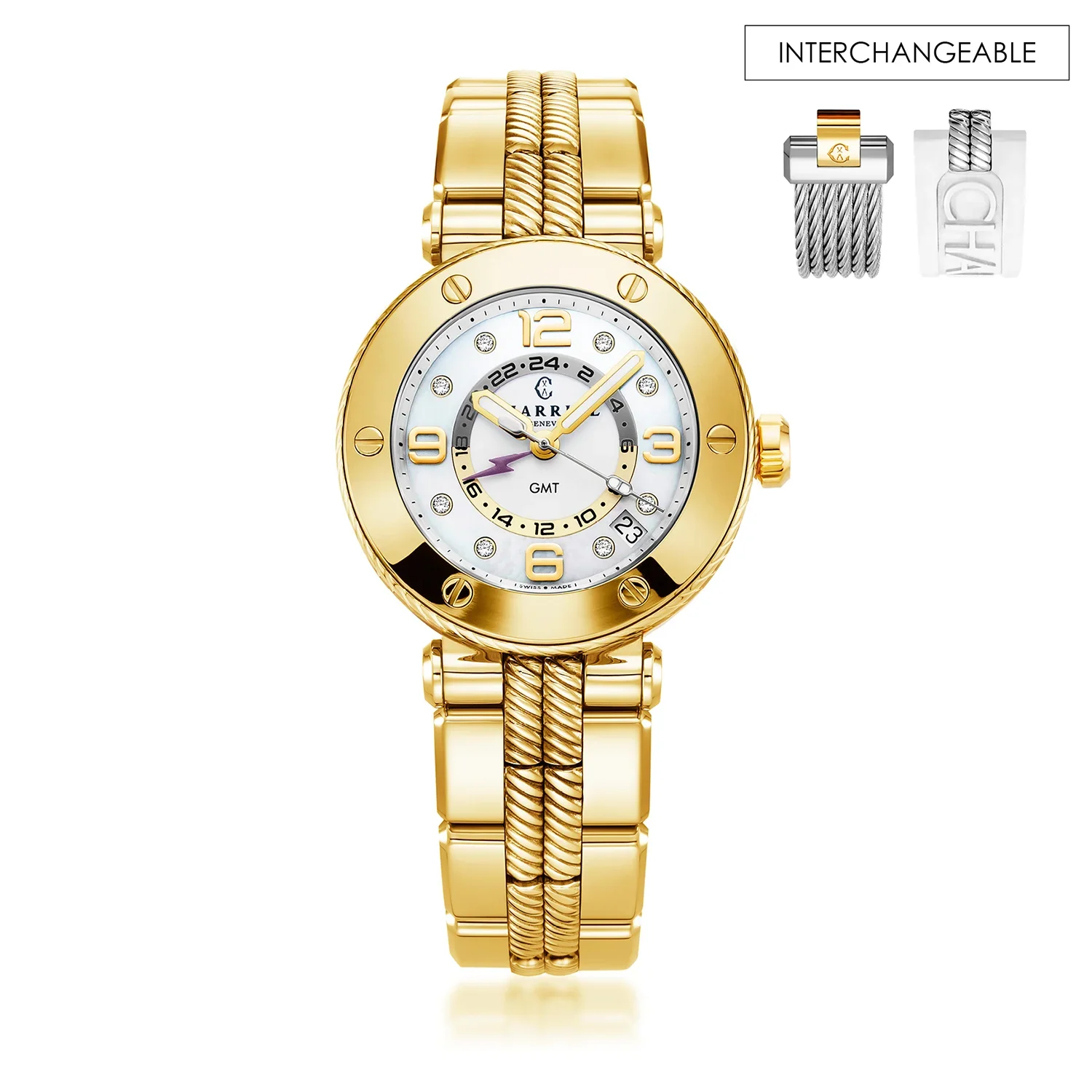 NAVIGATOR SURF GMT, 36MM, QUARTZ GMT CALIBRE, WHITE DIAL, 6 SCREWS BEZEL, STEEL YELLOW GOLD PVD INTERCHANGEABLE BRACELET