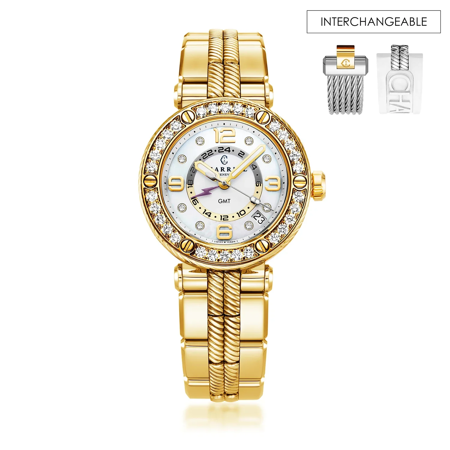 NAVIGATOR SURF GMT, 36MM, QUARTZ GMT CALIBRE, WHITE DIAL, 30 DIAMONDS BEZEL, YELLOW GOLD PVD INTERCHANGEABLE BRACELET