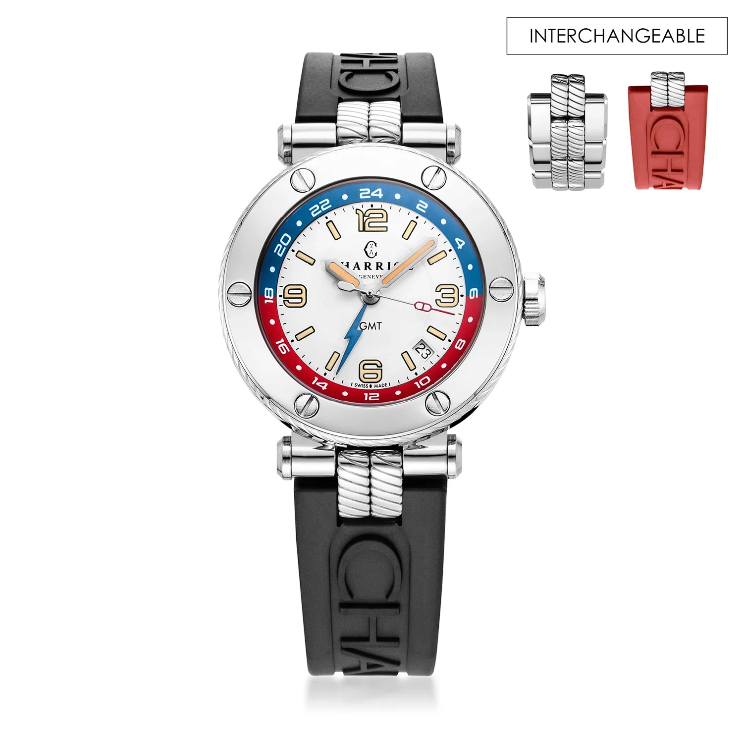 NAVIGATOR SURF GMT, 41MM, AUTOMATIC CALIBRE, WHITE WITH RED & BLUE DIAL, STEEL 6 SCREWS BEZEL, BLACK RUBBER INTERCHANGEABLE STRAP